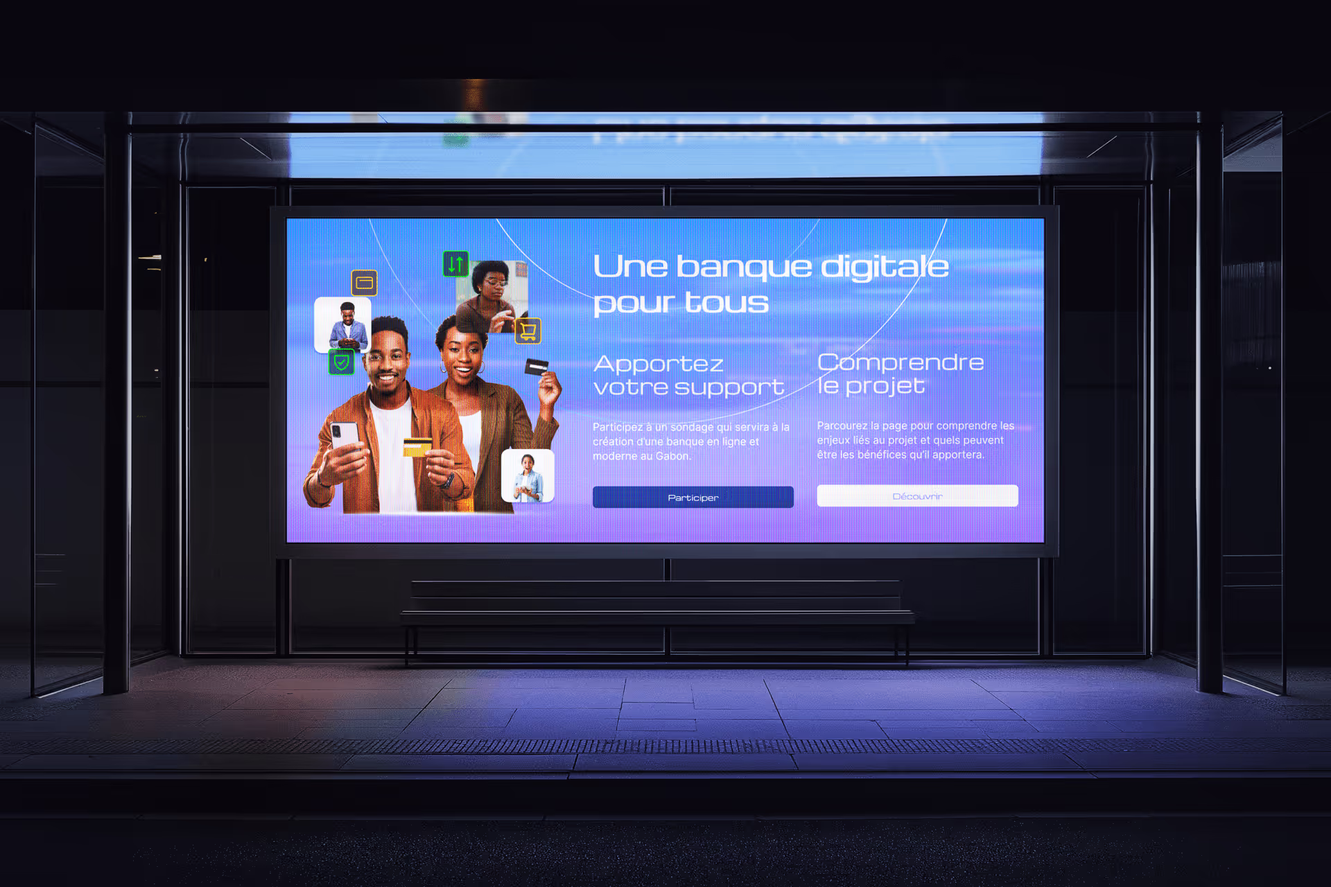 Maquette pour le site web d'un sondage pour la création d'une banque en Afrique, au Gabon. Publicité.