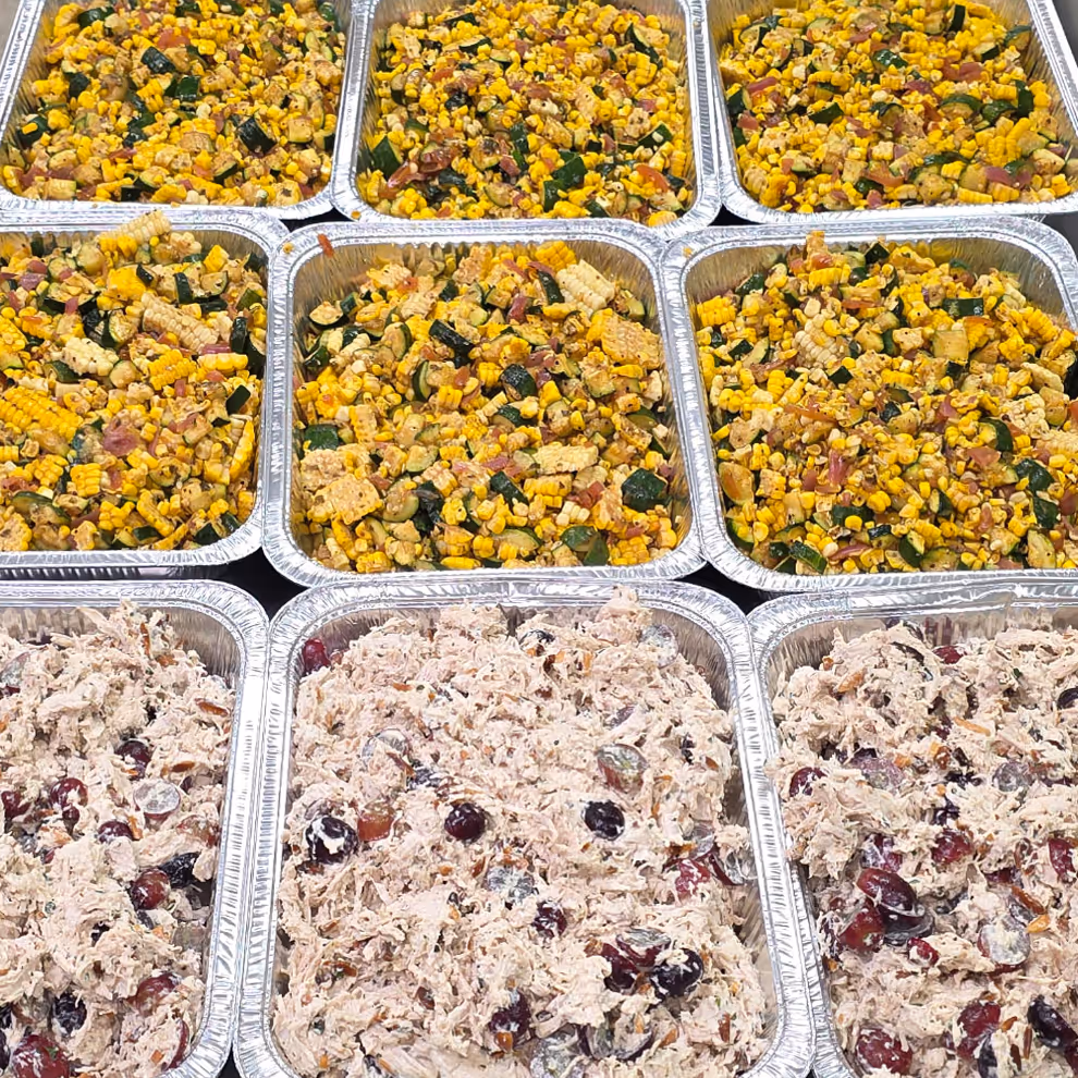 Our Grape Debate slider filling and our Summer Salad, zucchini, sweet corn, and bright herbs tossed in a zesty dressing, served cold.