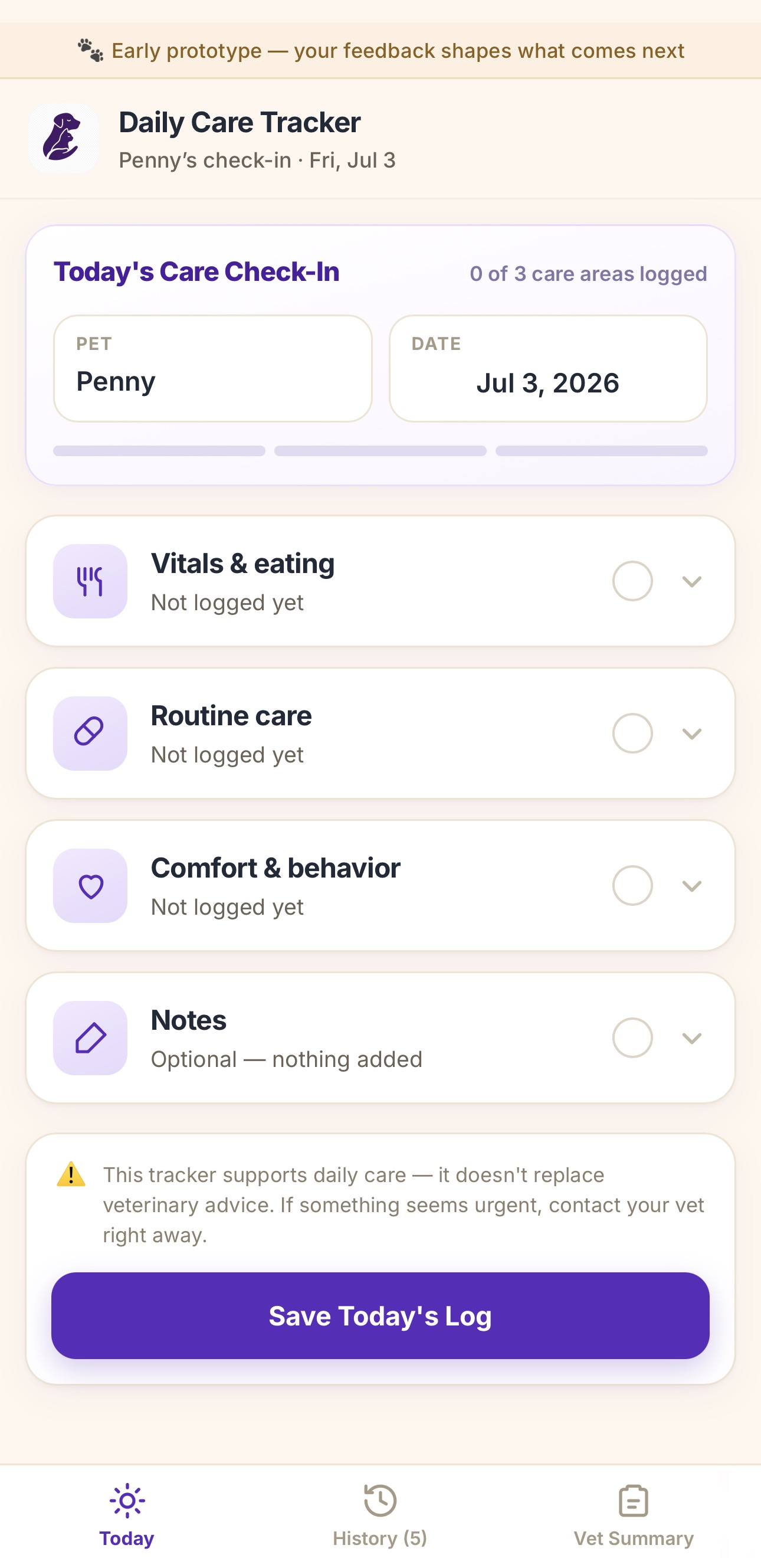 Daily Care Tracker Today screen example — replace this image source in Webflow