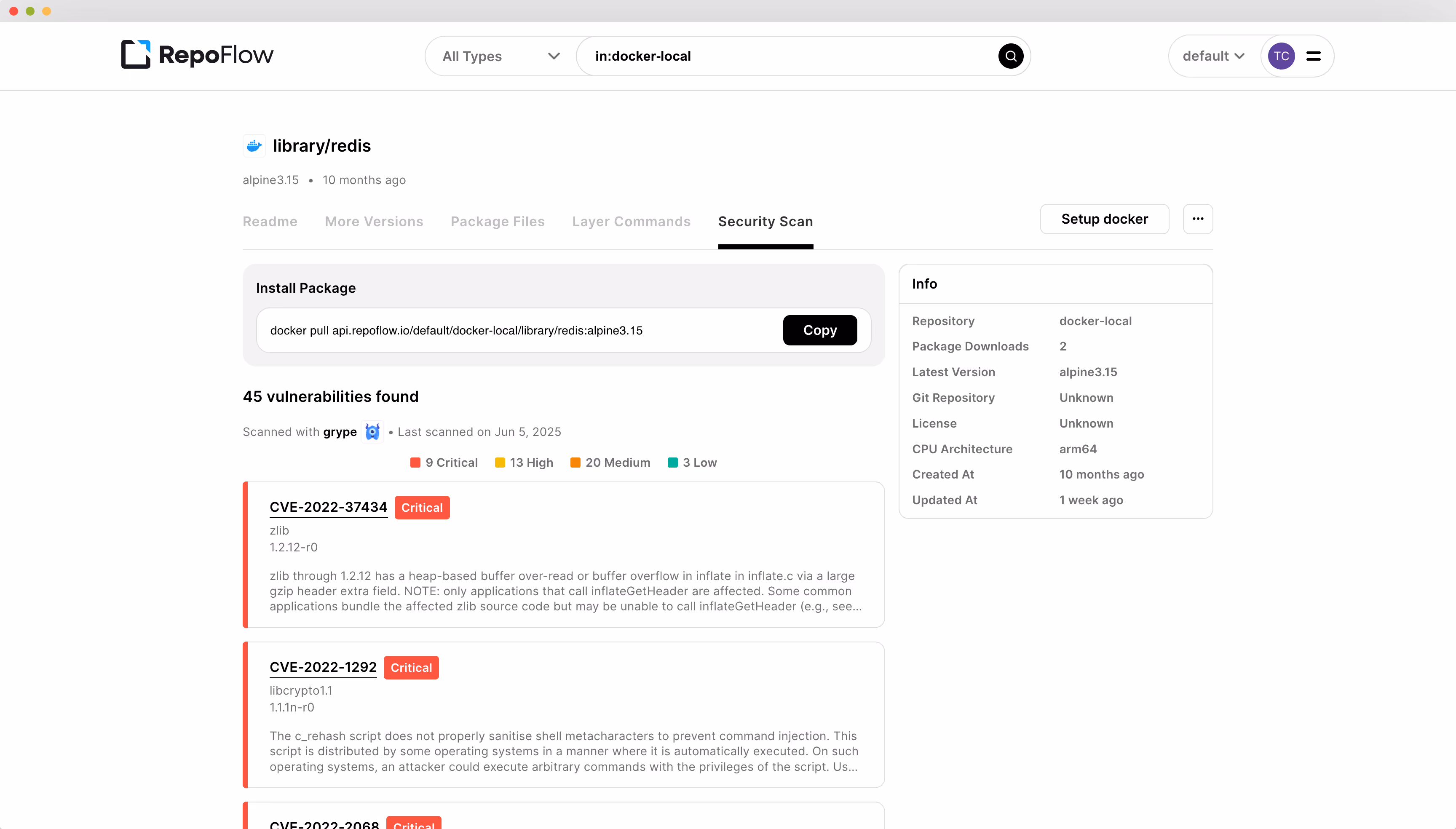 RepoFlow redis ccan results using grype