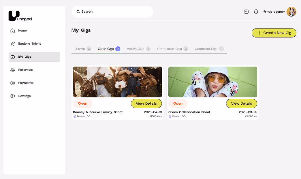 A screenshot showing a users gigs they applied for on the unrepped platform.