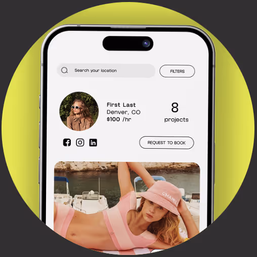 The talent discovery page in the unrepped app showing a headshot of a female model.