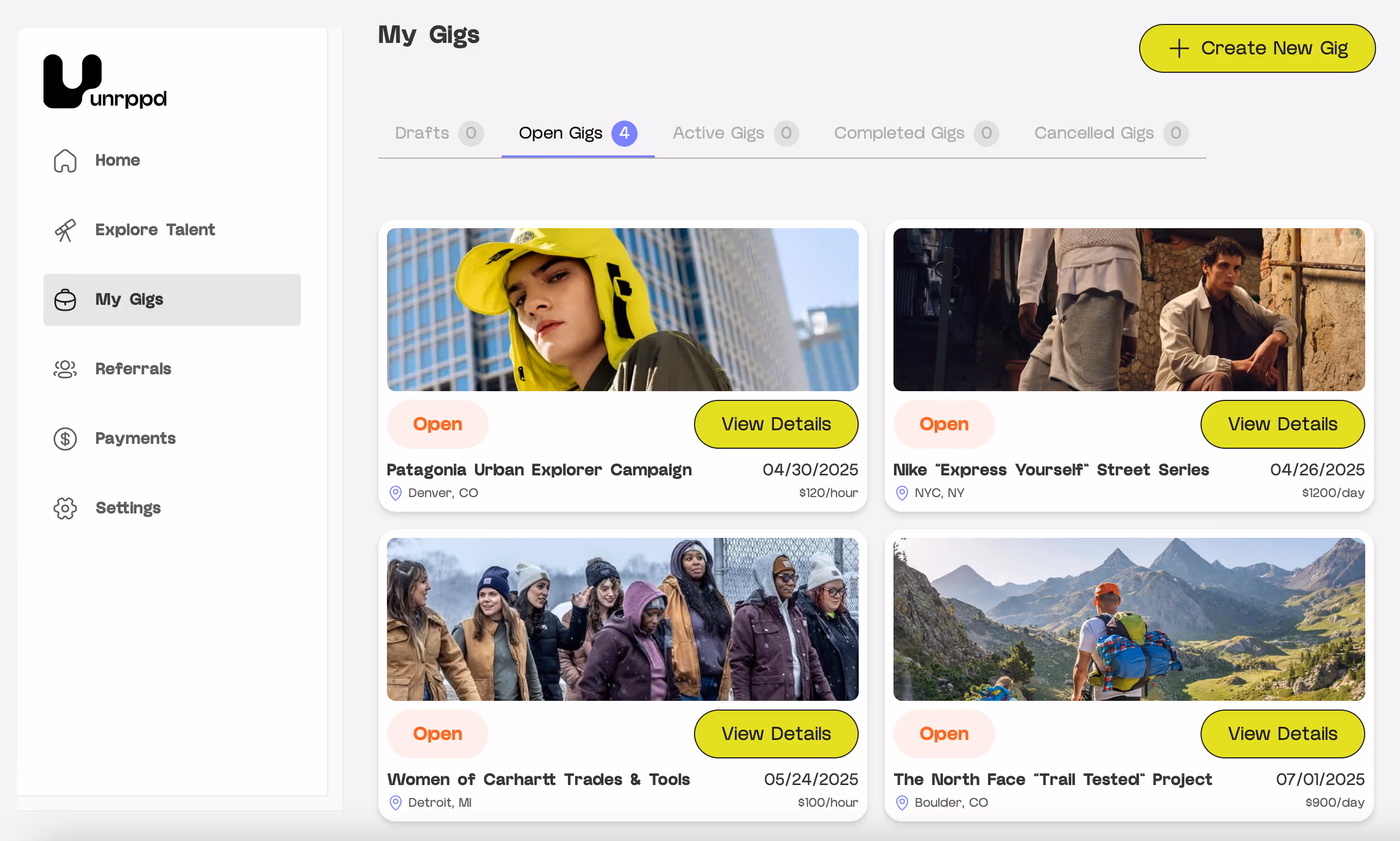 The gig discovery page in the unrepped app showing a grid of available gigs.
