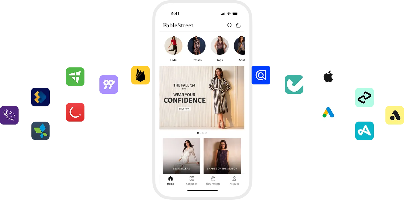 Mobile app screen of FableStreet showing fall fashion collection with categories and featured clothing images.