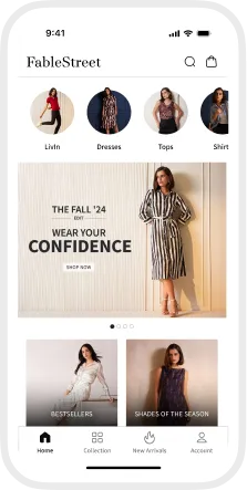 Mobile fashion app showing categories, fall '24 confidence dress promo, bestsellers, and new arrivals sections.