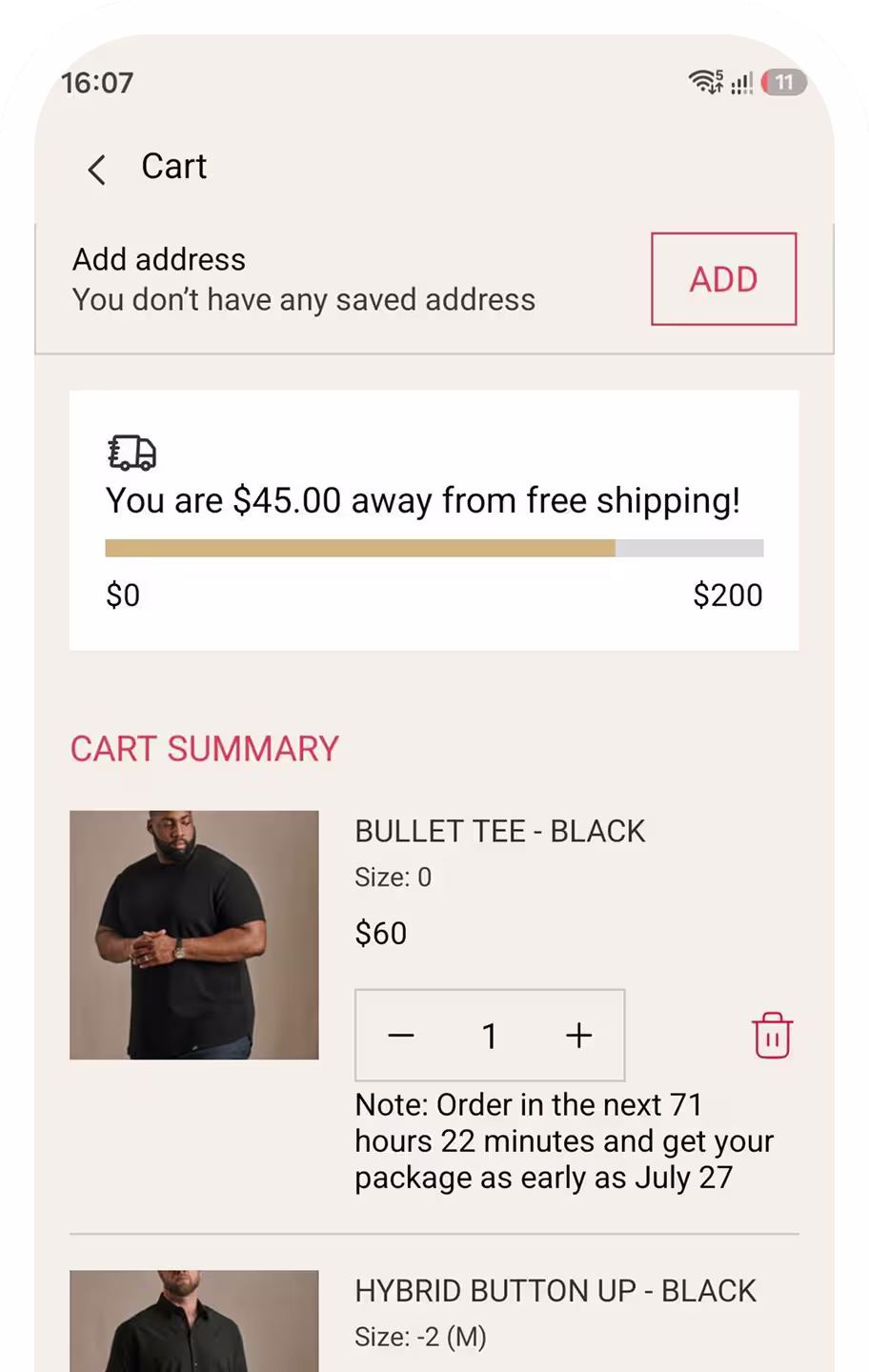 Mobile shopping cart showing two black shirts, prices, quantity controls, and free shipping progress bar.