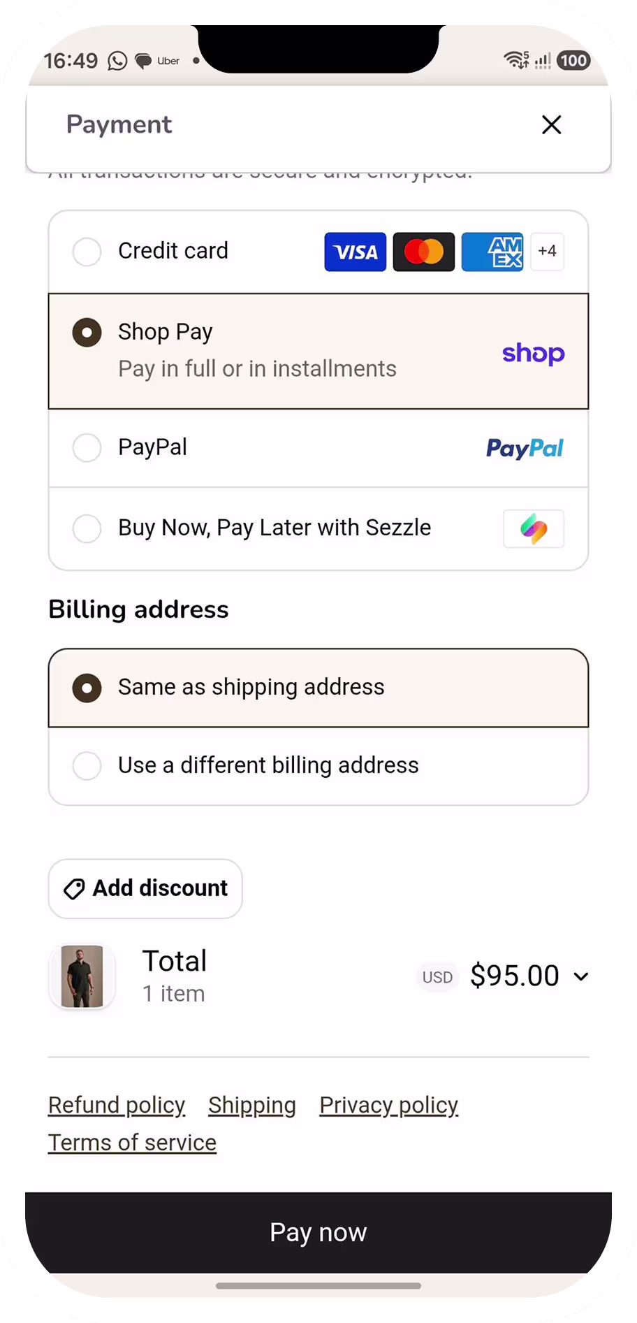 Mobile checkout screen showing payment options including Shop Pay, PayPal, and credit card, total $95.