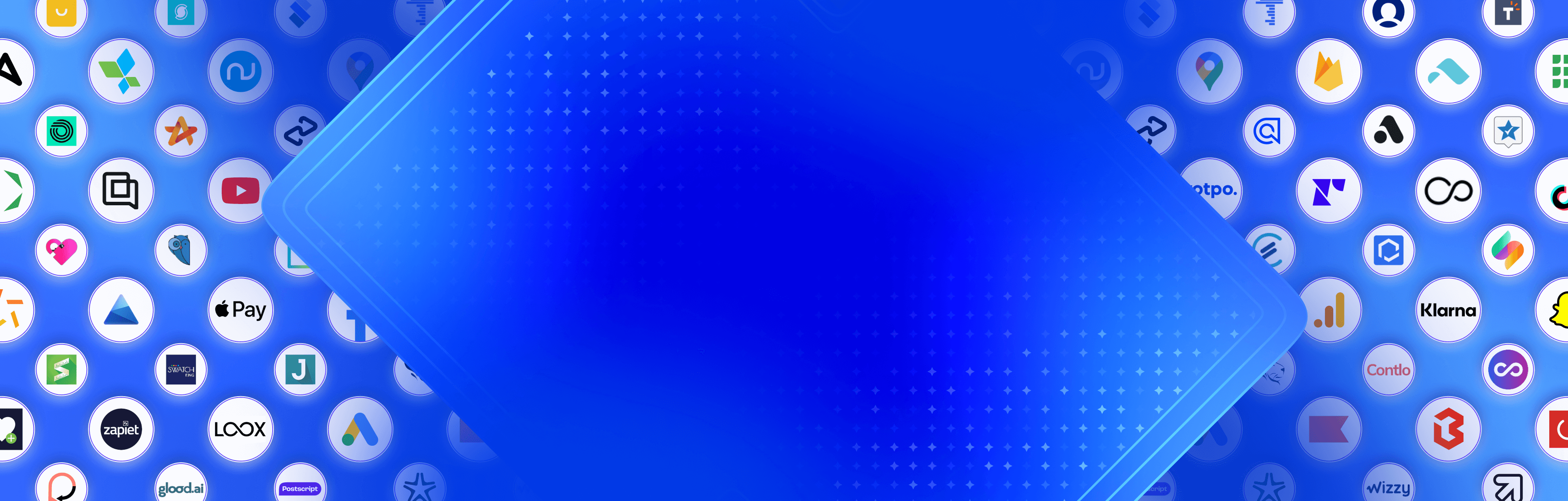 Blue background with a central diamond shape surrounded by circles containing various app and service logos.