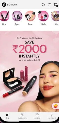 SUGAR Cosmetics app home screen with a sale banner