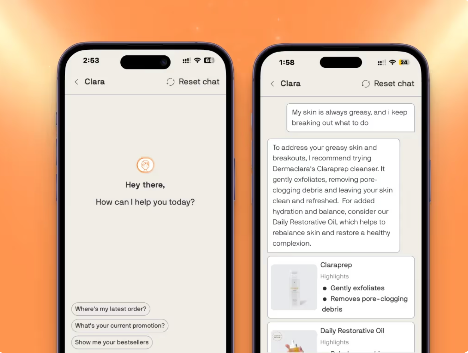 Clara, an in-app AI shopping assistant, recommending skincare products on the Dermaclara app built with Appbrew