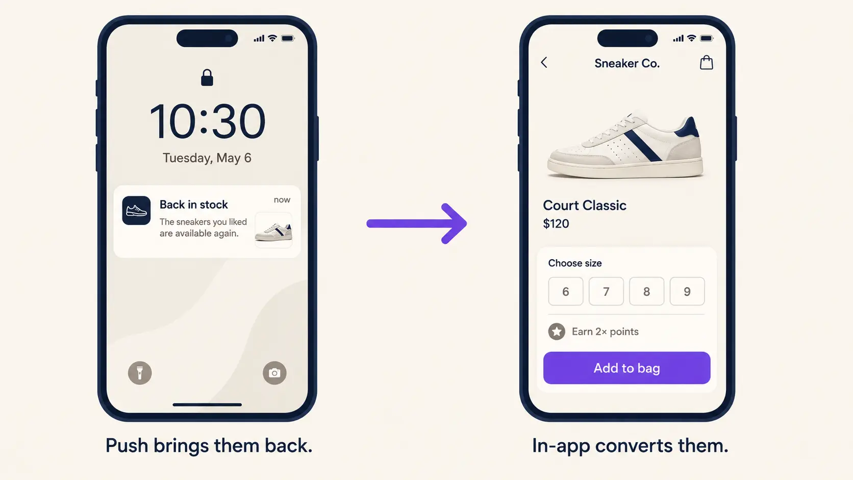 Back-in-stock push alert leading to an in-app product page.