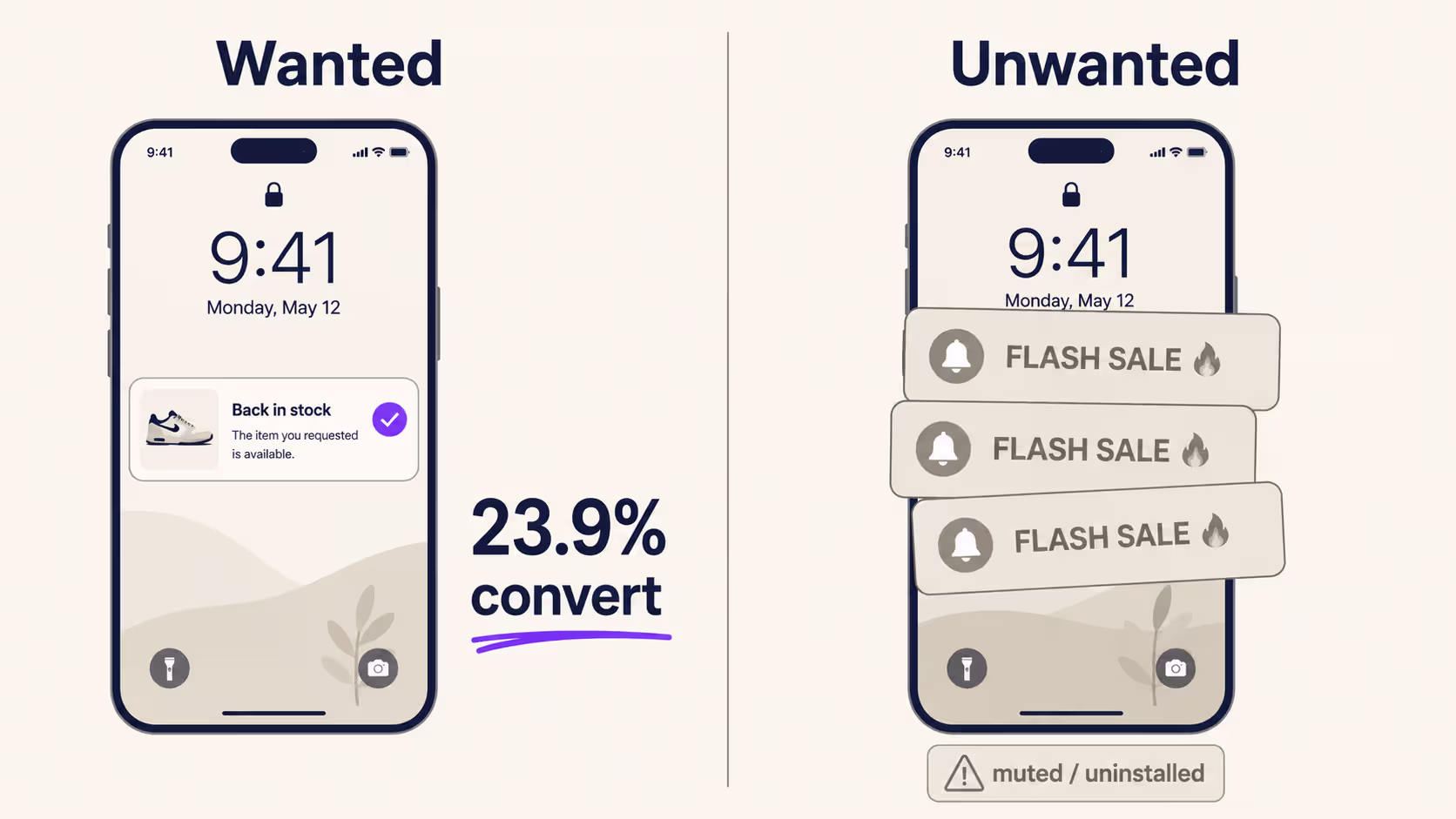 Wanted back-in-stock alert versus unwanted repeated flash-sale pushes.