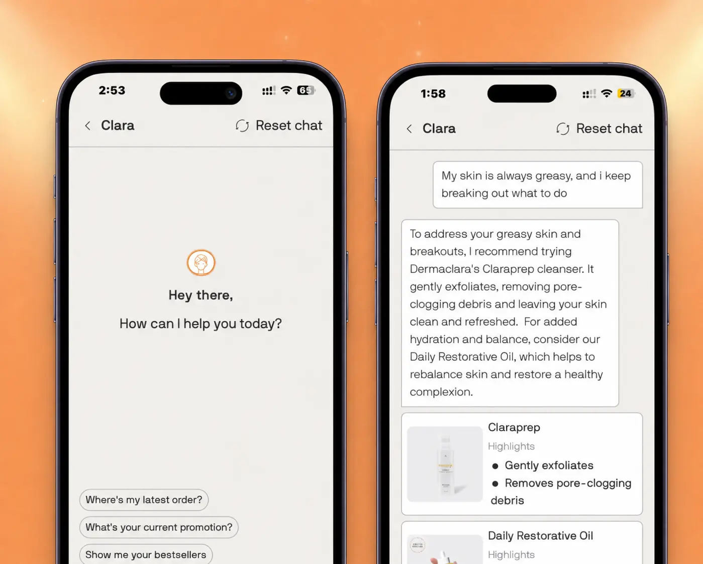 Dermaclara's in-app AI concierge Clara recommending skincare products to a customer