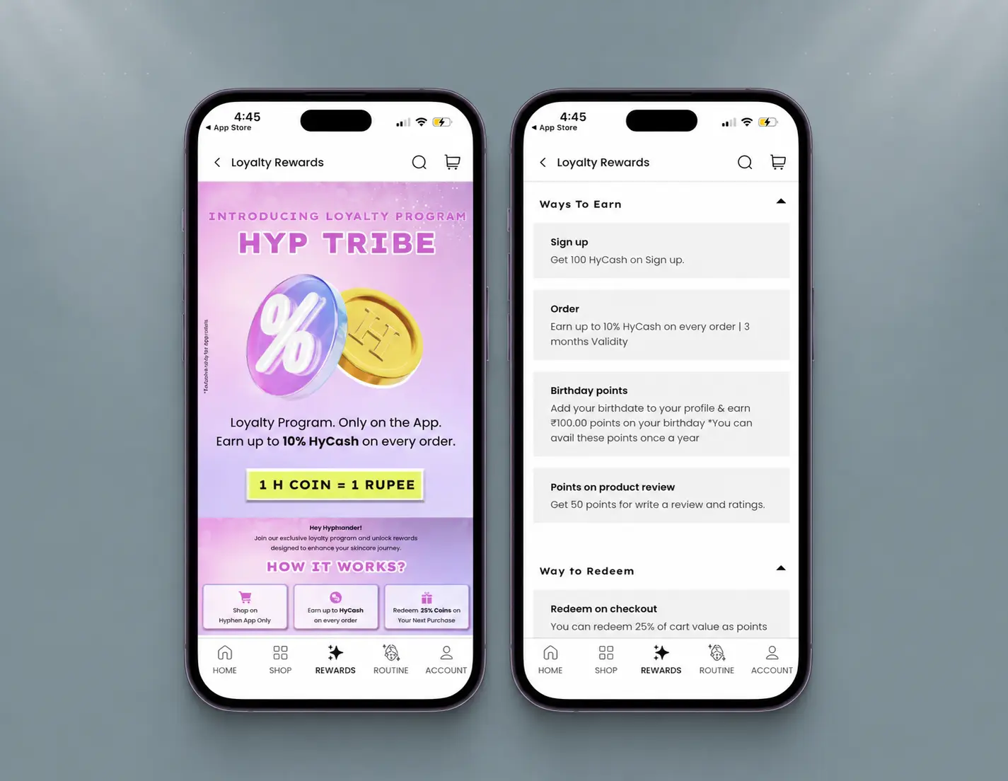 Hyphen app surfacing HyCash loyalty rewards during product discovery and checkout