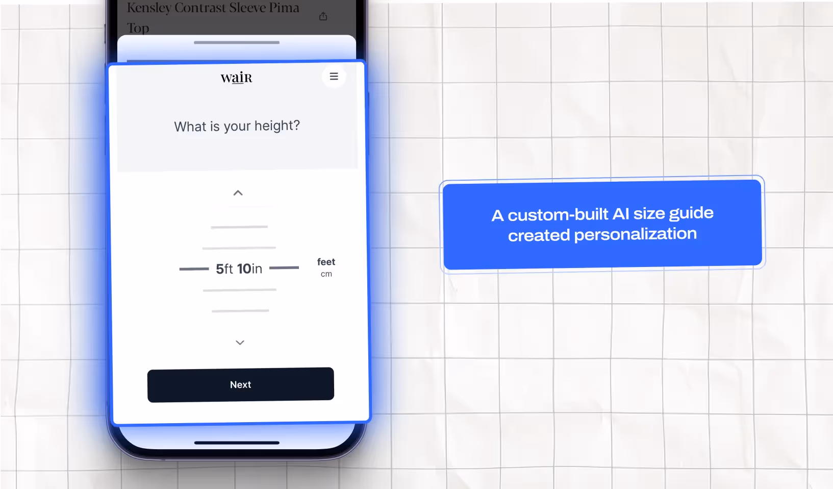 Anatomie in-app AI size guide asking for the shopper's height to recommend the right fit