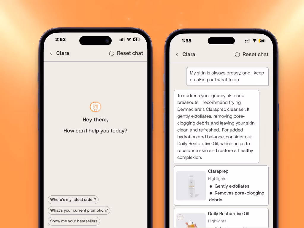 Dermaclara Clara AI concierge in the app recommending a cleanser and moisturizer for greasy, breakout-prone skin