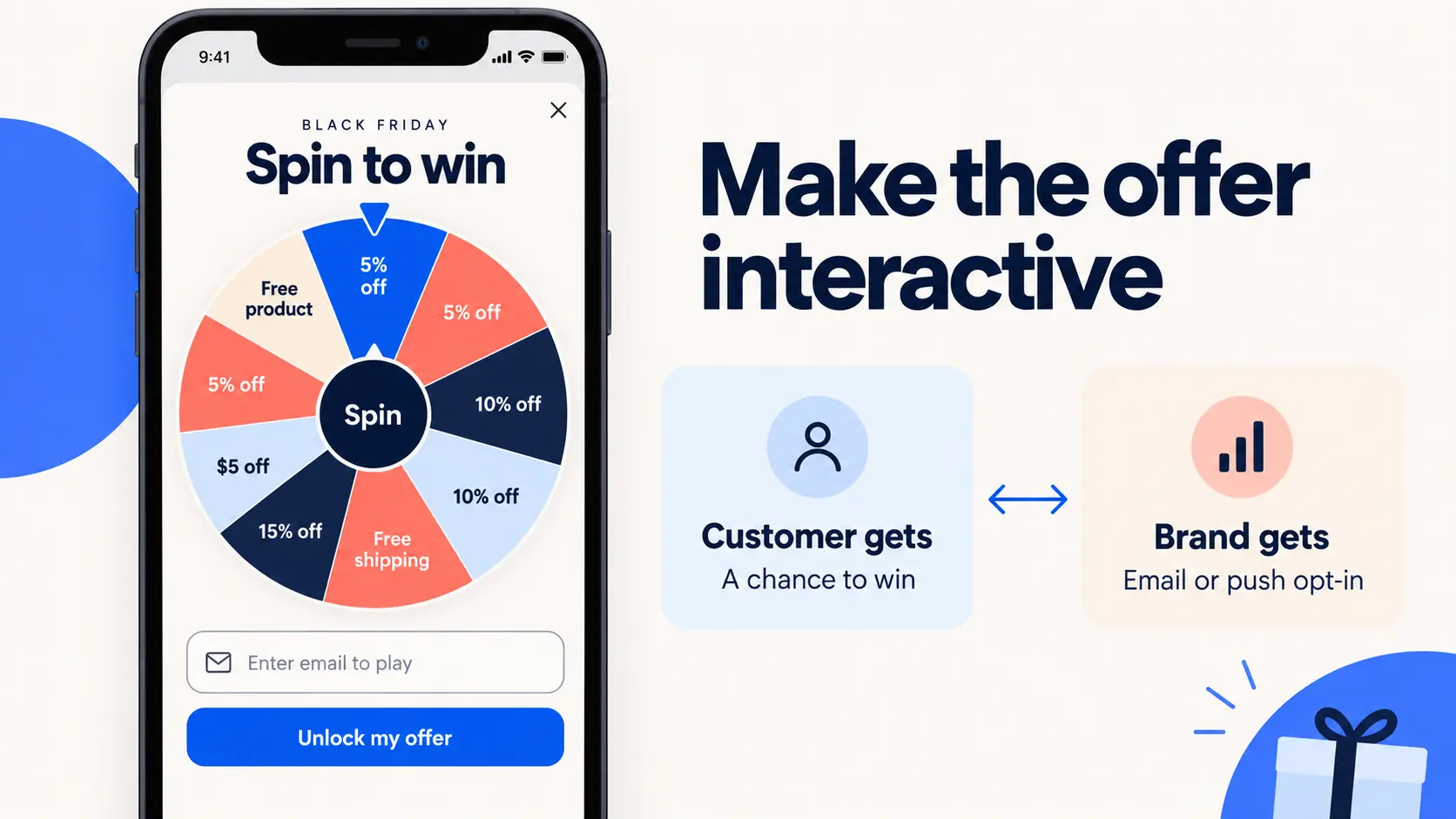 spin-to-win wheel offering Black Friday discounts in exchange for an email or push notification opt-in.