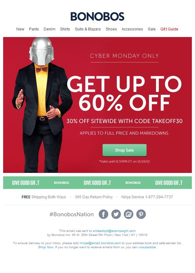 Bonobos tiered Cyber Monday discount 25% off $150, 30% off $250