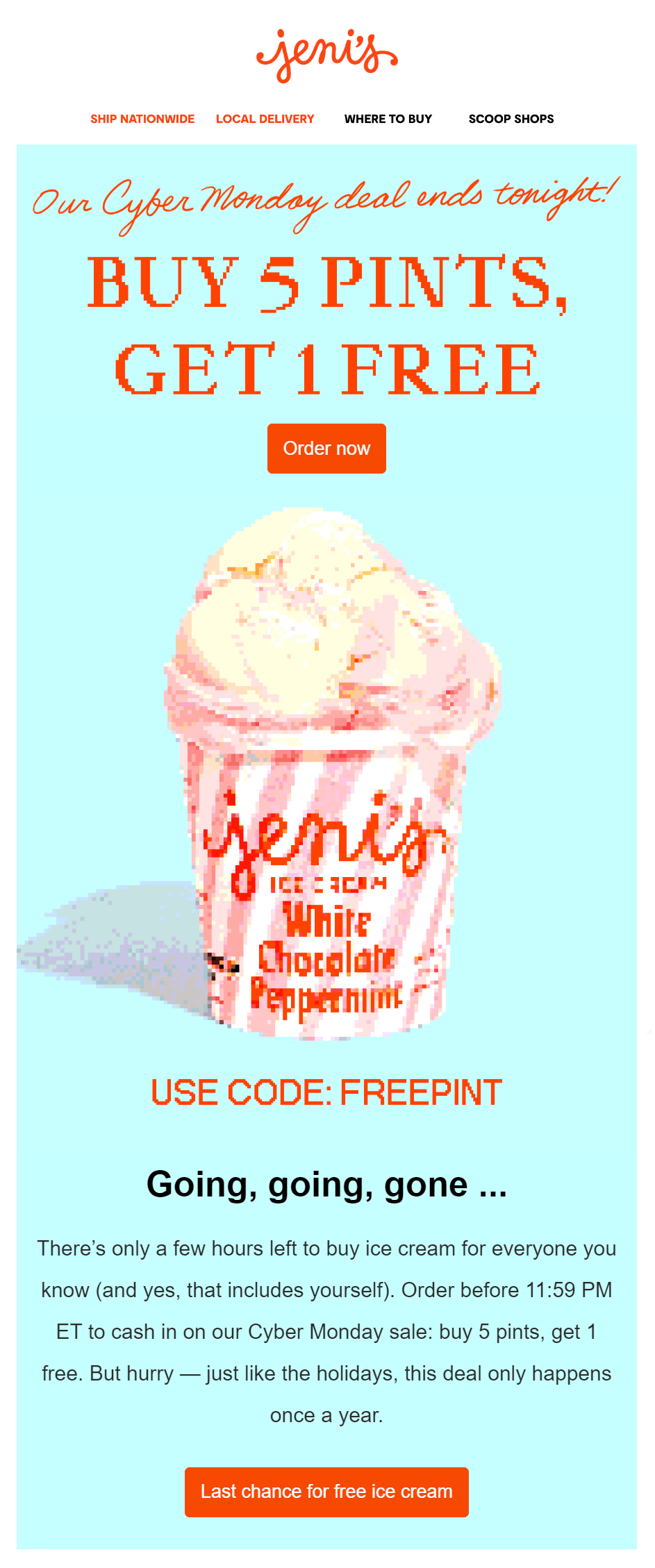 Jeni's buy five get one free Cyber Monday offer