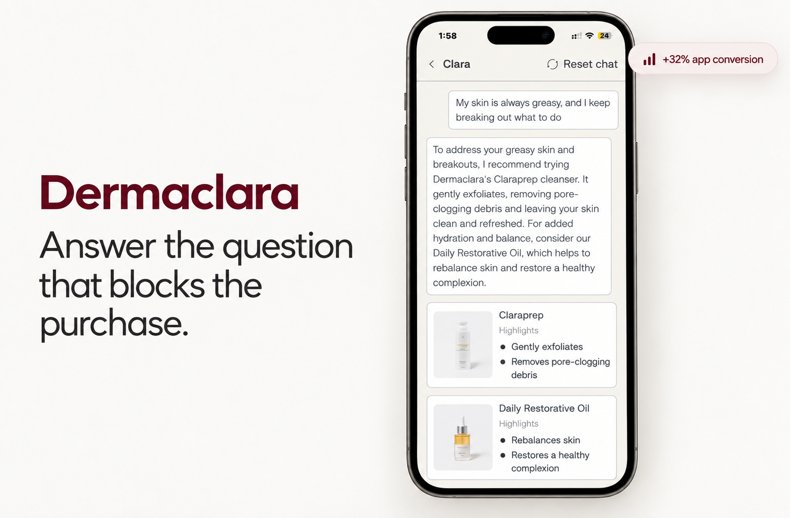 Clara AI recommending skincare products in the Dermaclara app.