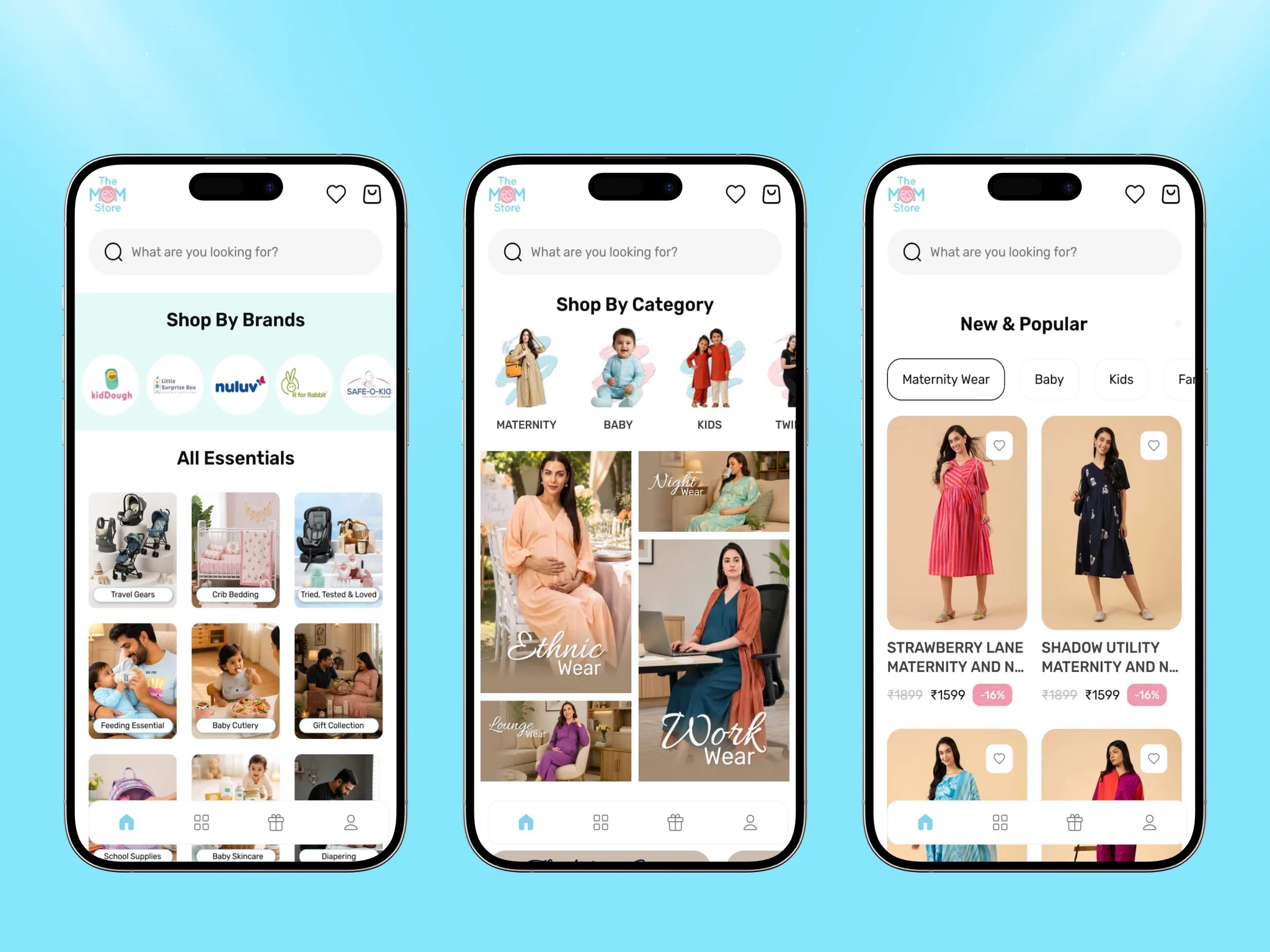 The Mom Store app homepage with shop-by-brand tiles, category browsing, and new arrivals