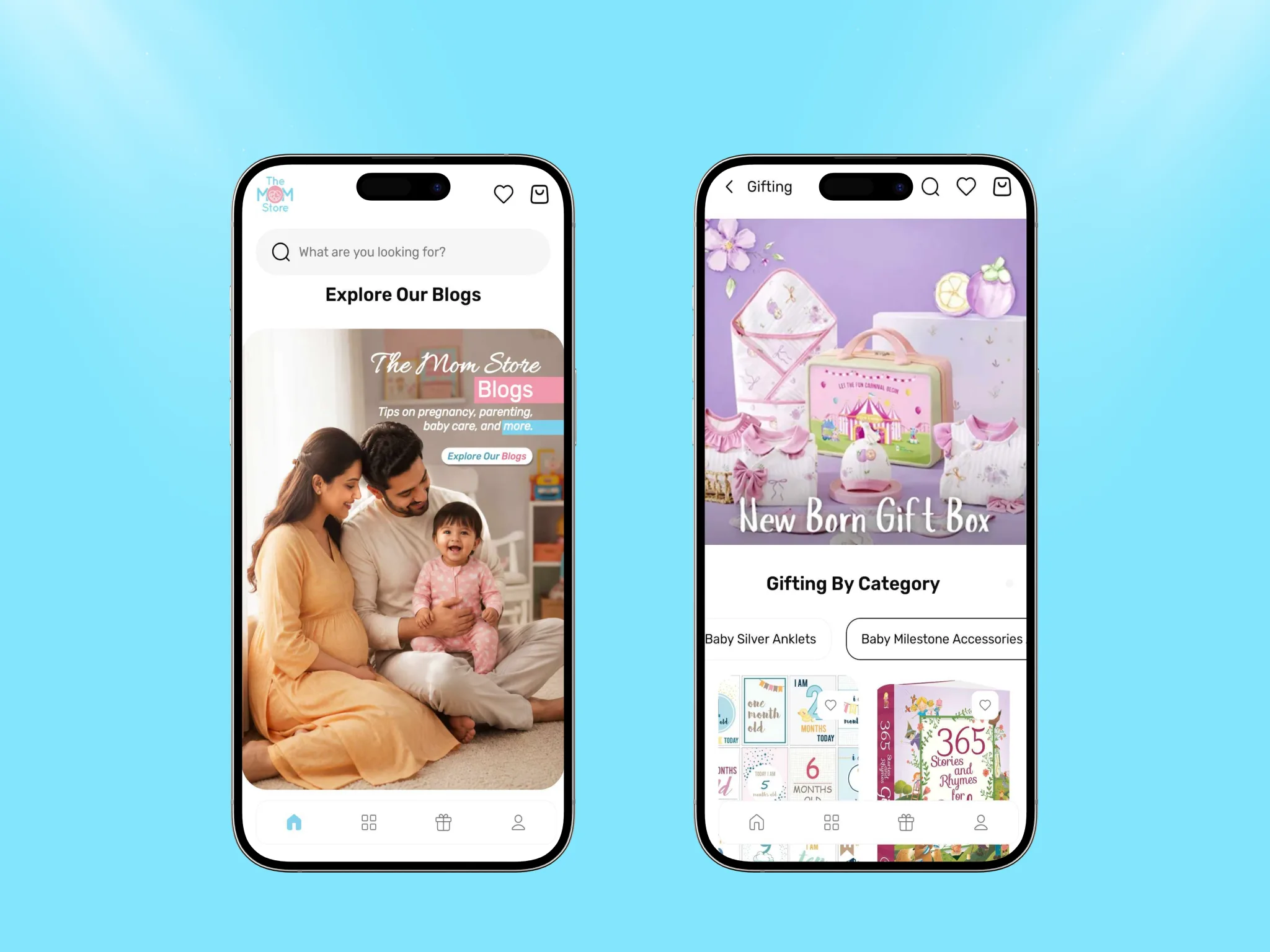 The Mom Store app parenting blog carousel and Newborn Gift Box gifting page