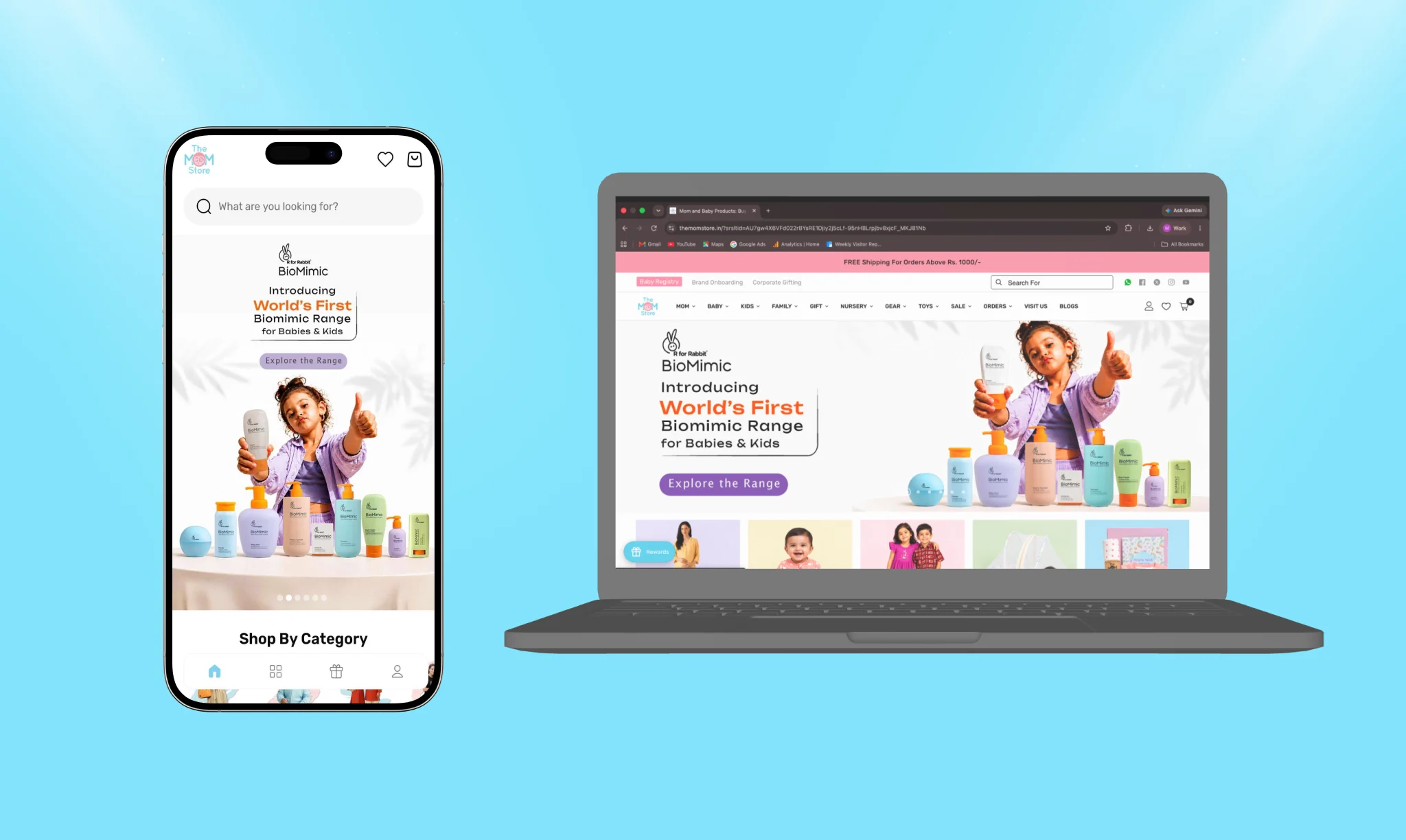 The Mom Store mobile app vs desktop website