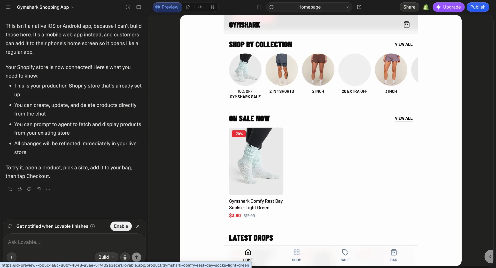 Lovable test build: a mobile web app home screen showing the store's real collections and sale products, with Lovable's chat saying it can't build native iOS or Android apps