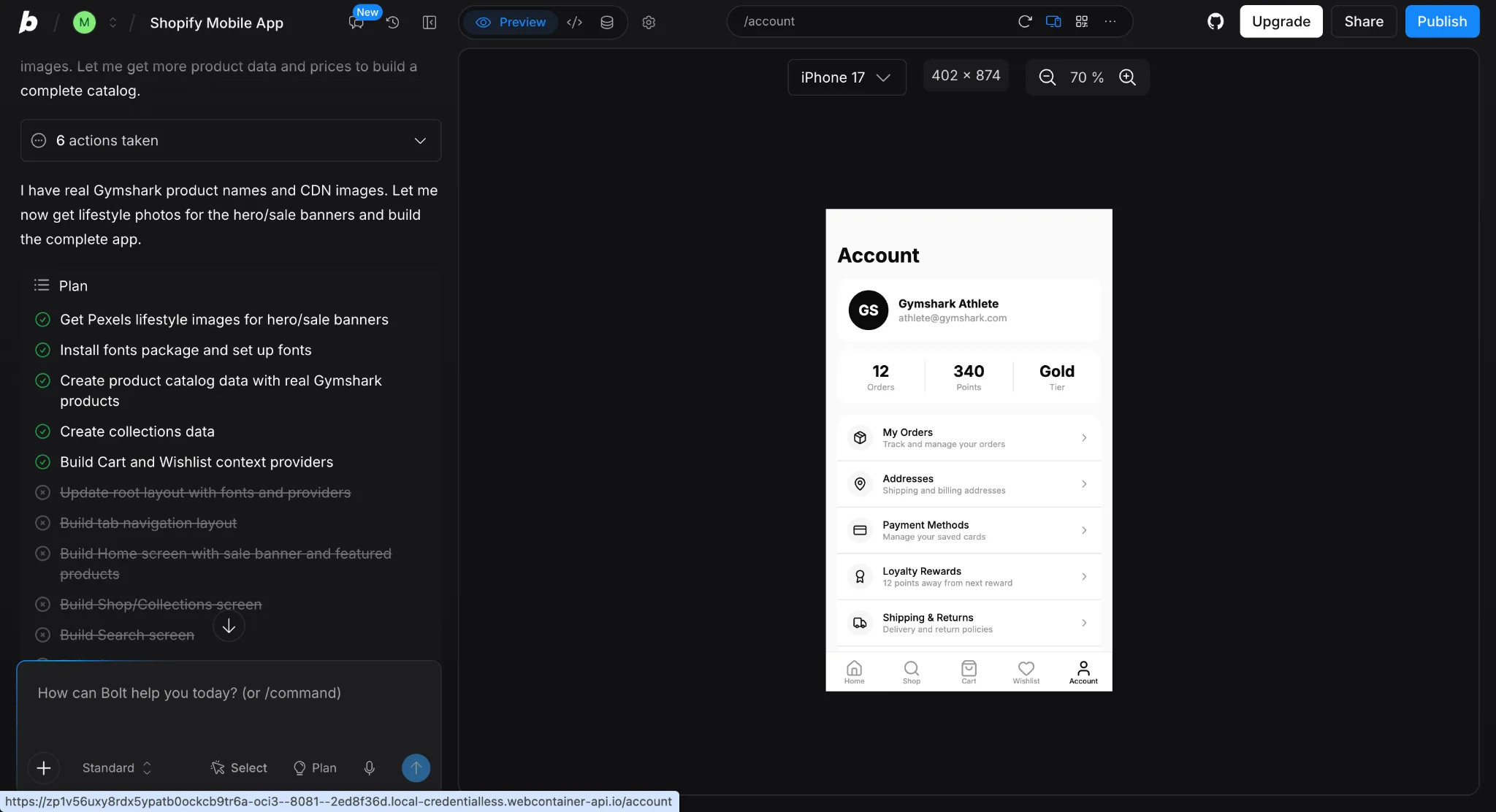 Bolt test build: an Expo app account screen, with Bolt's plan showing the remaining home, shop and search screens unbuilt