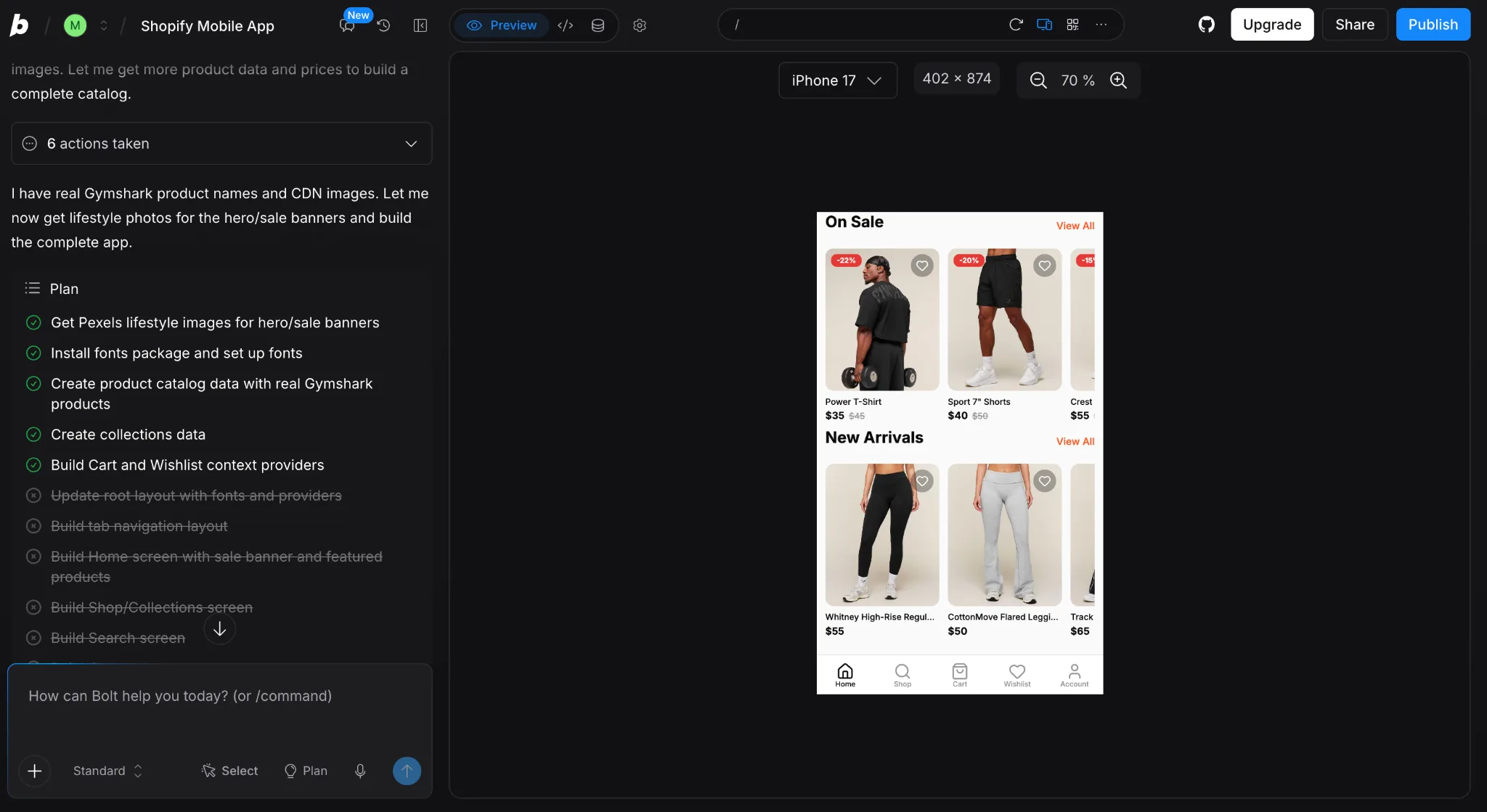 Bolt test build: an app home screen filled with product images pulled from public pages and an invented sale discount