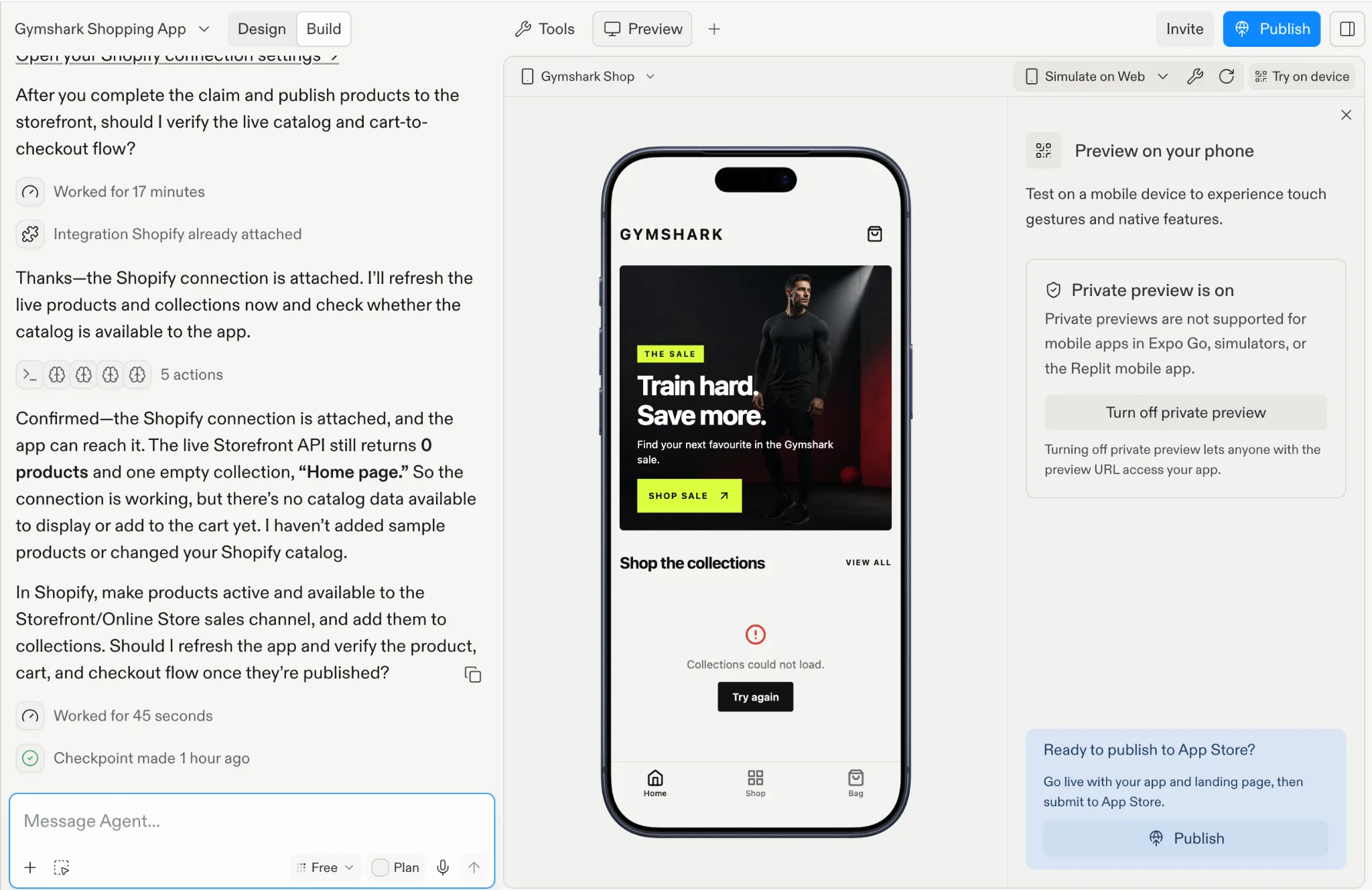 Replit test build: a native Expo app with a sale banner and a 'Collections could not load' error because its Shopify connector created a new empty store