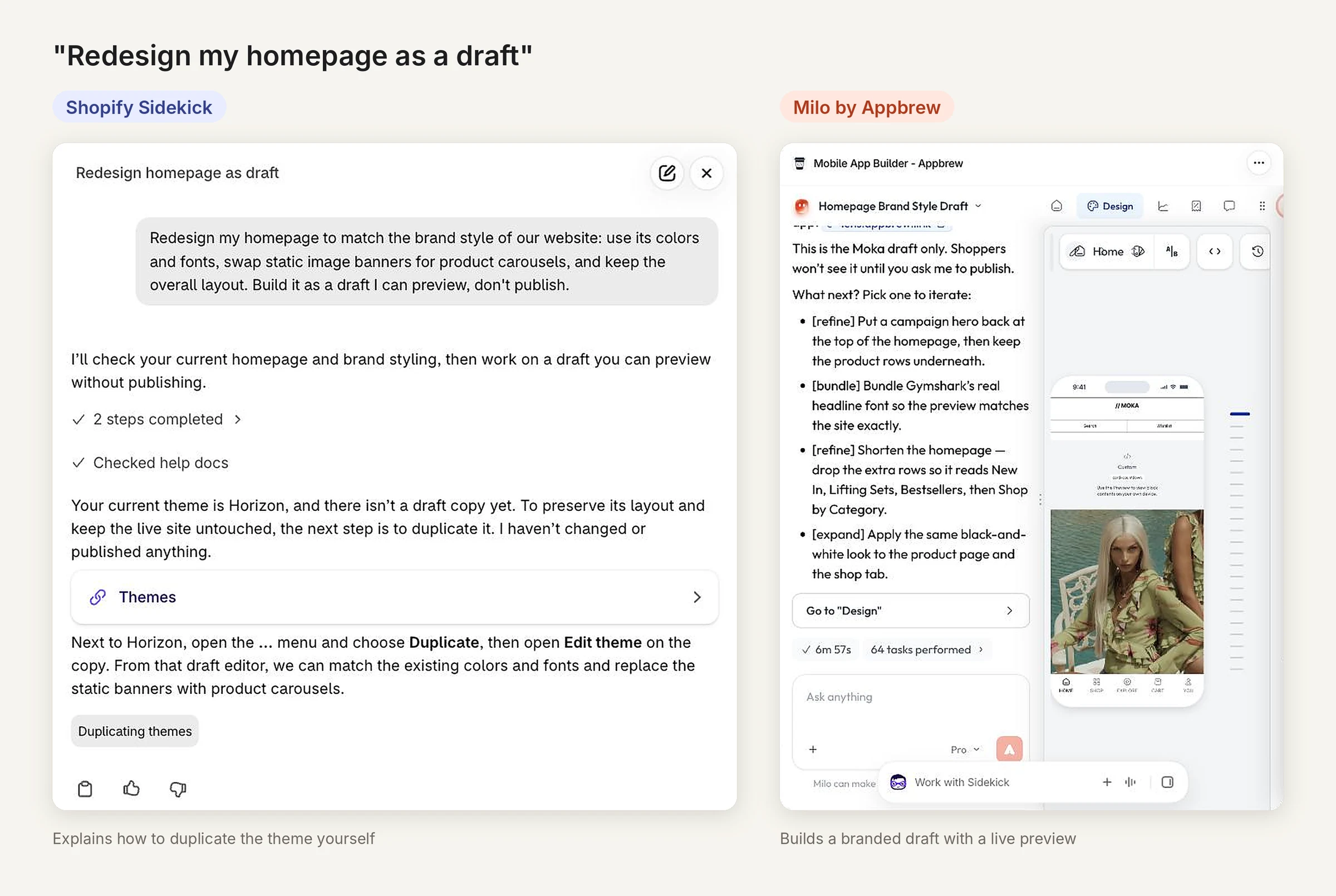 Shopify Sidekick vs Milo homepage redesign: Sidekick gives manual theme steps, Milo builds a branded app homepage draft