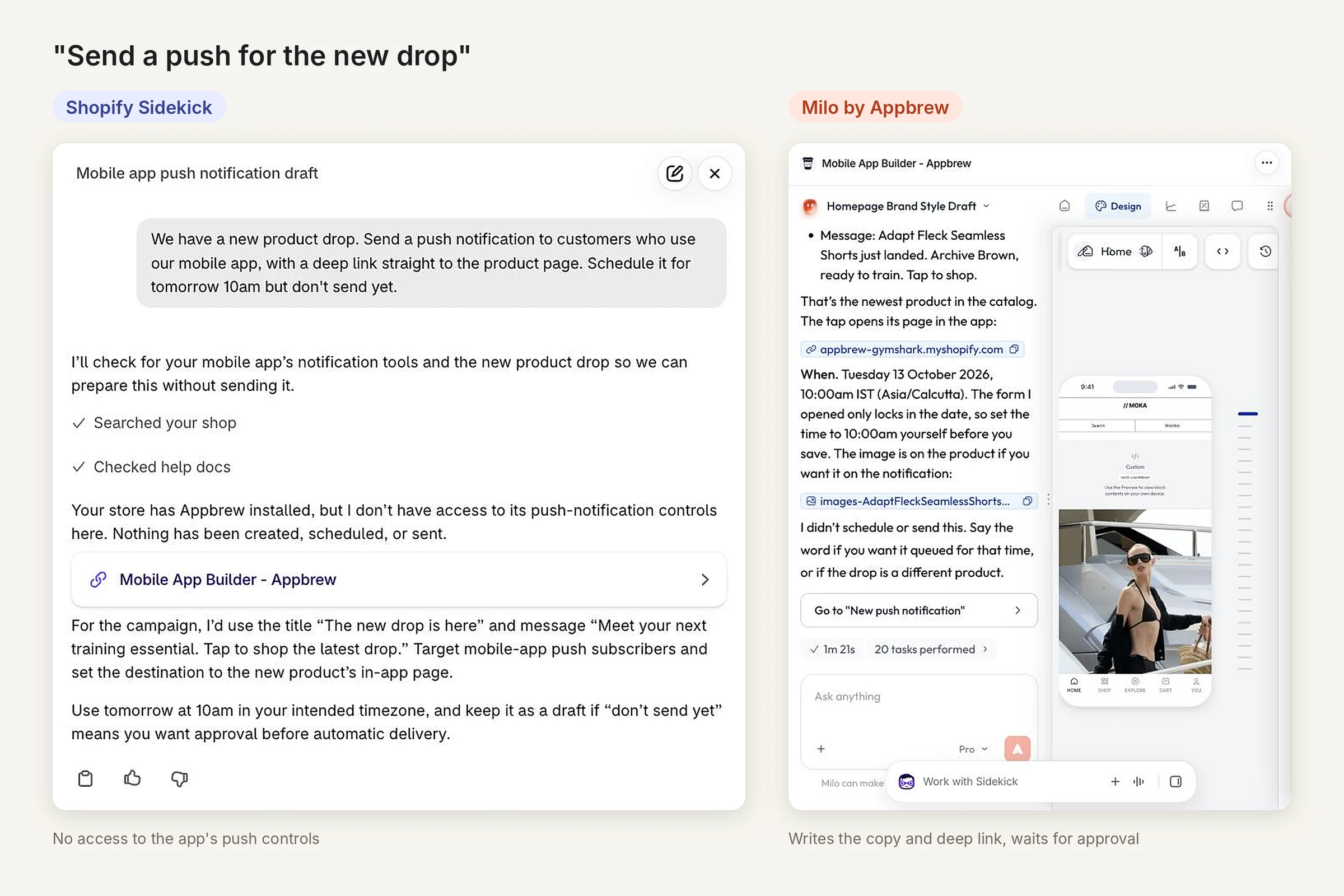 Shopify Sidekick vs Milo push notification: Sidekick has no push access, Milo drafts a push with a deep link to the new drop