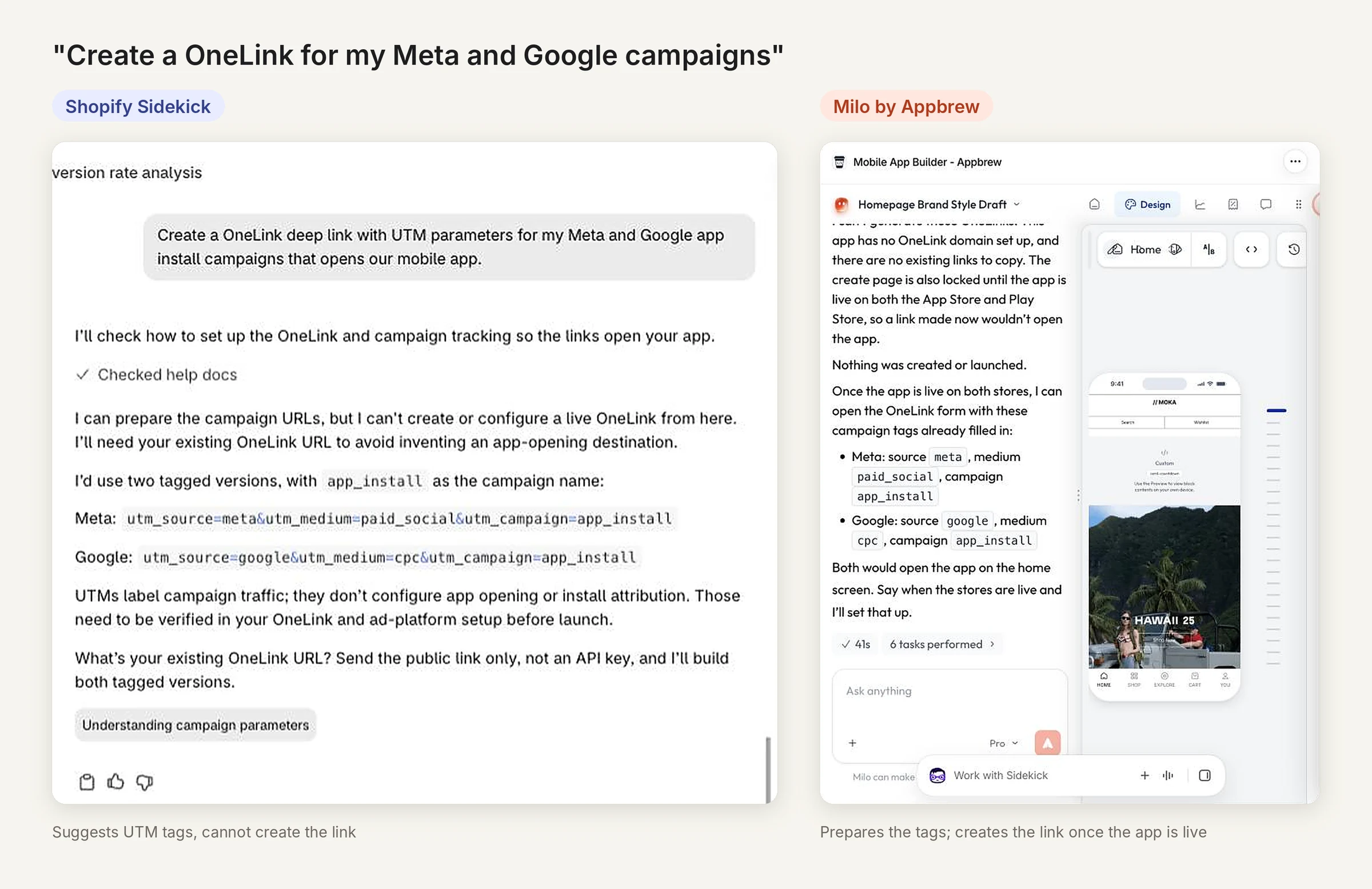 Shopify Sidekick vs Milo campaign link: Sidekick cannot create a OneLink, Milo prepares UTM tags for Meta and Google installs