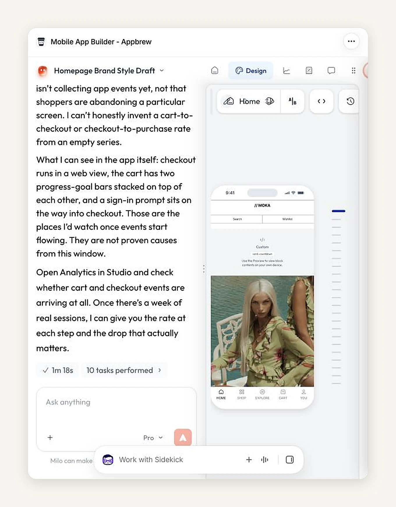 Milo declining to invent conversion rates on a test app with no event data and naming the screens to watch instead