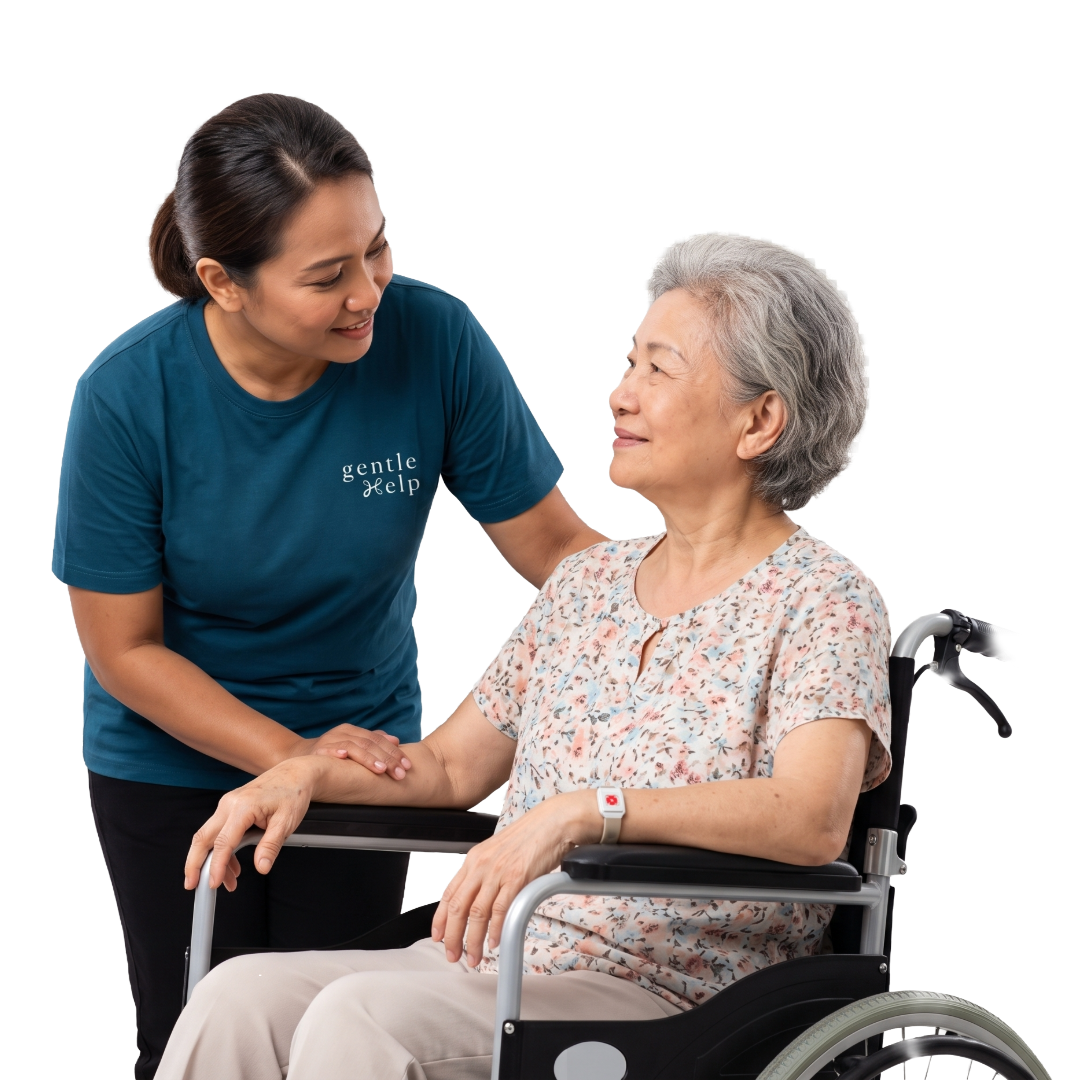 A elderly care helper showing concern for grandmother who is wheelchair-bound