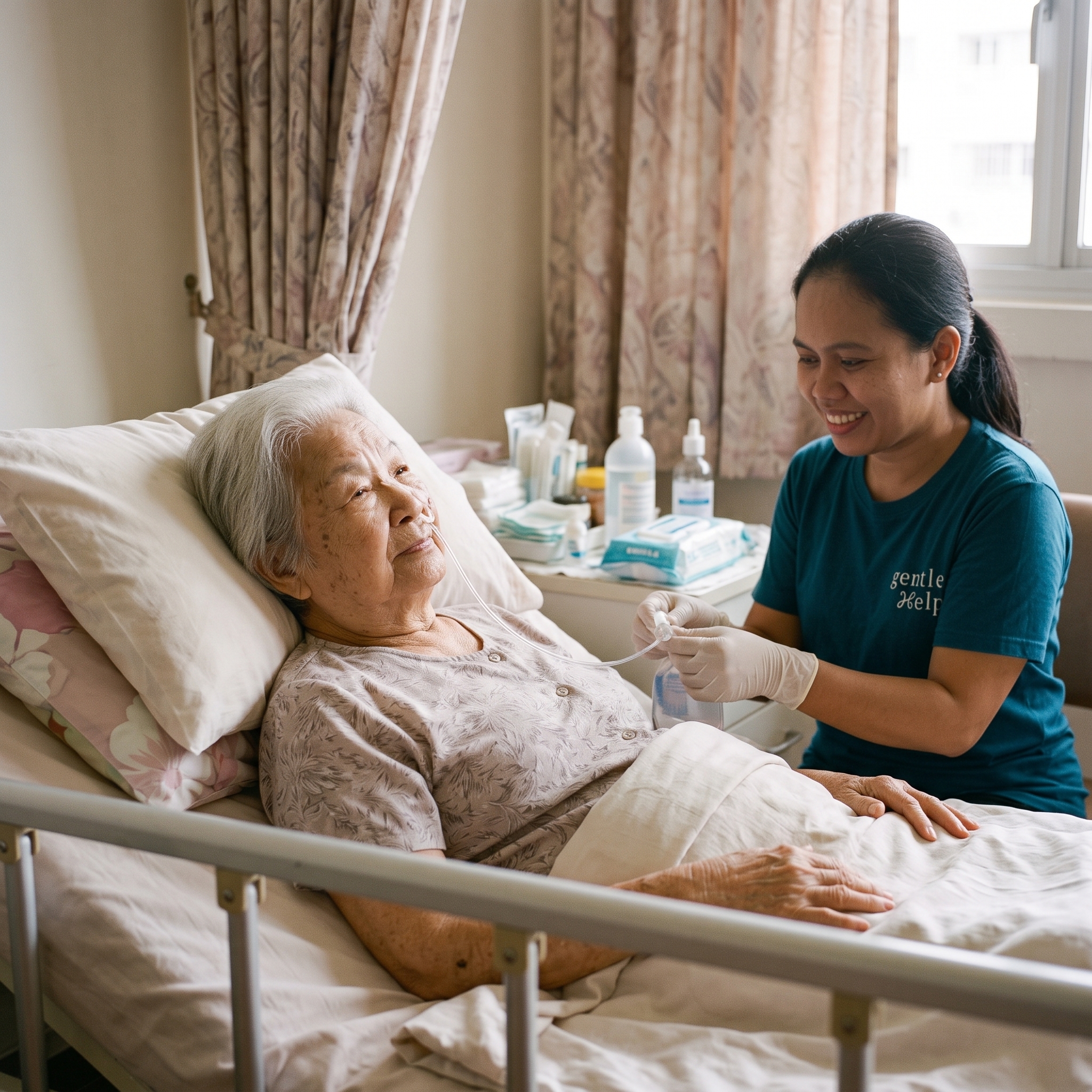 gentleHelp caregiver provides nursing care to an elderly woman in bed, adjusting a medical tube.