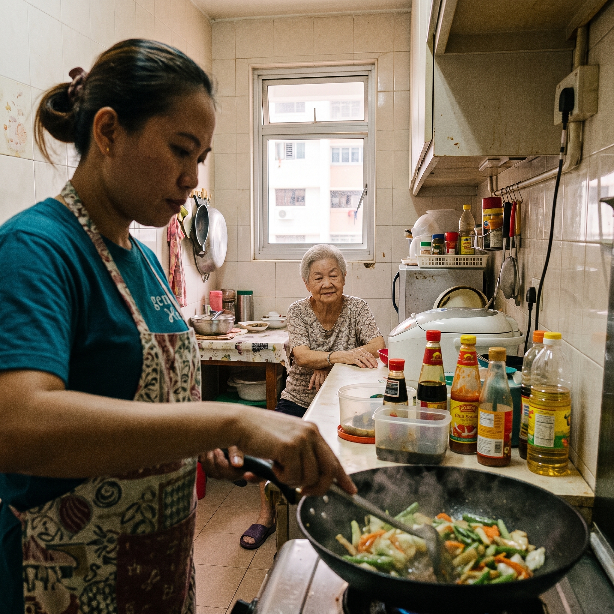 gentleHelp caregiver stir-frys vegetables in a wok for an elderly client in a Singapore home kitchen.