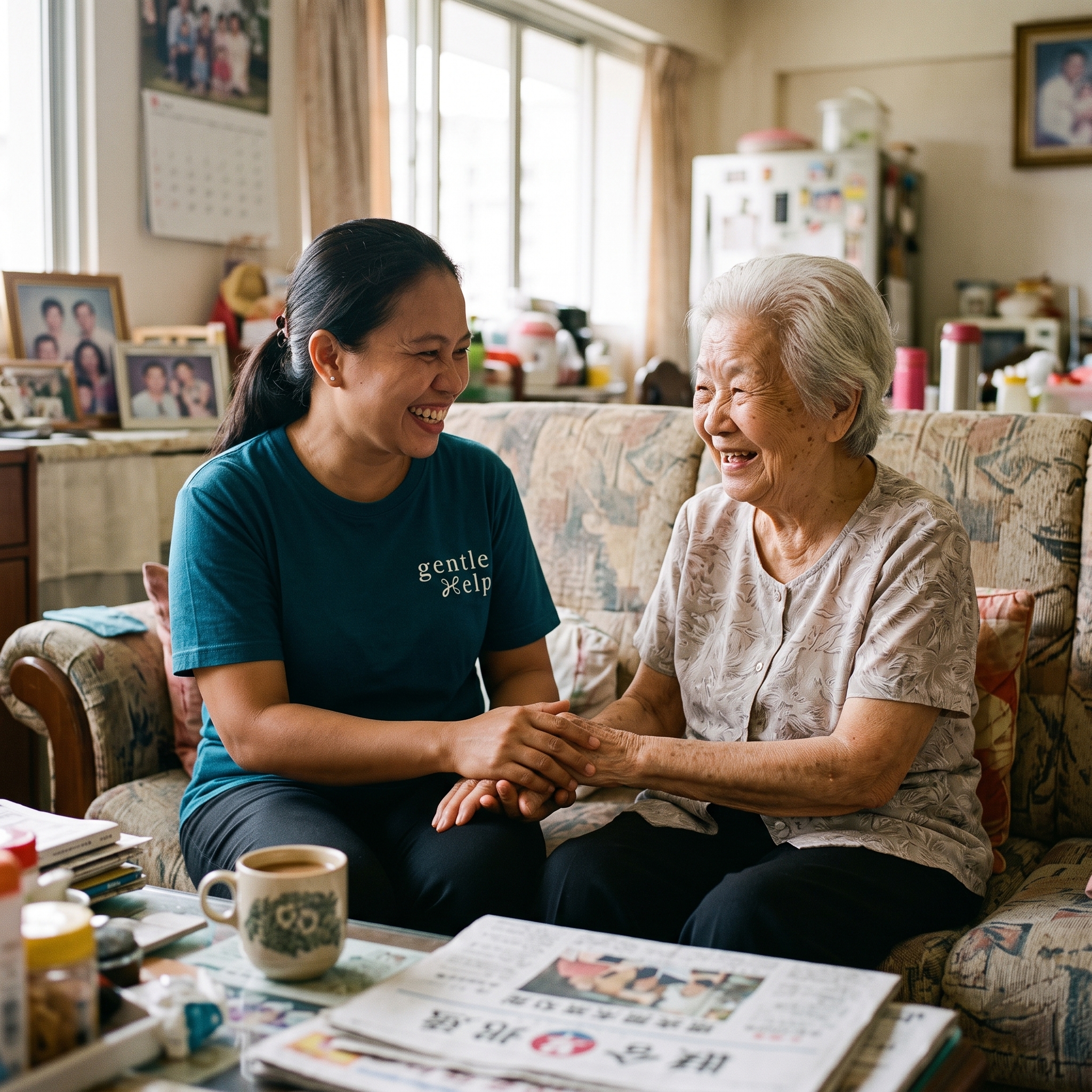 gentleHelp caregiver and elderly woman hold hands and laugh together on a sofa, sharing companionship.