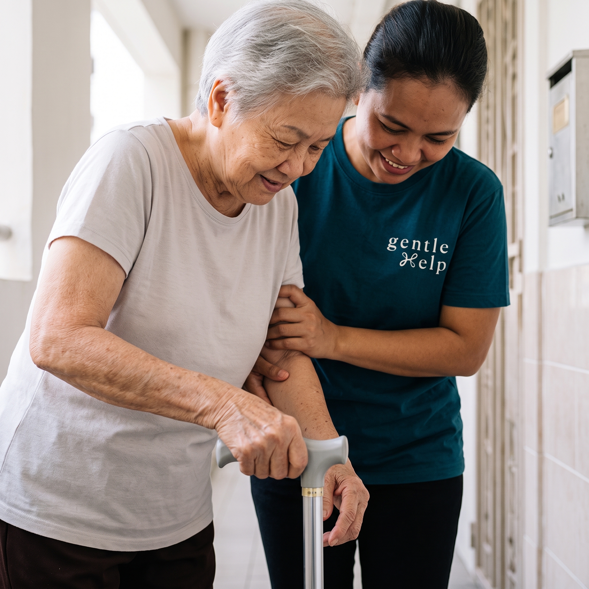 gentleHelp caregiver supports an elderly woman with mobility as she walks using a quad cane.