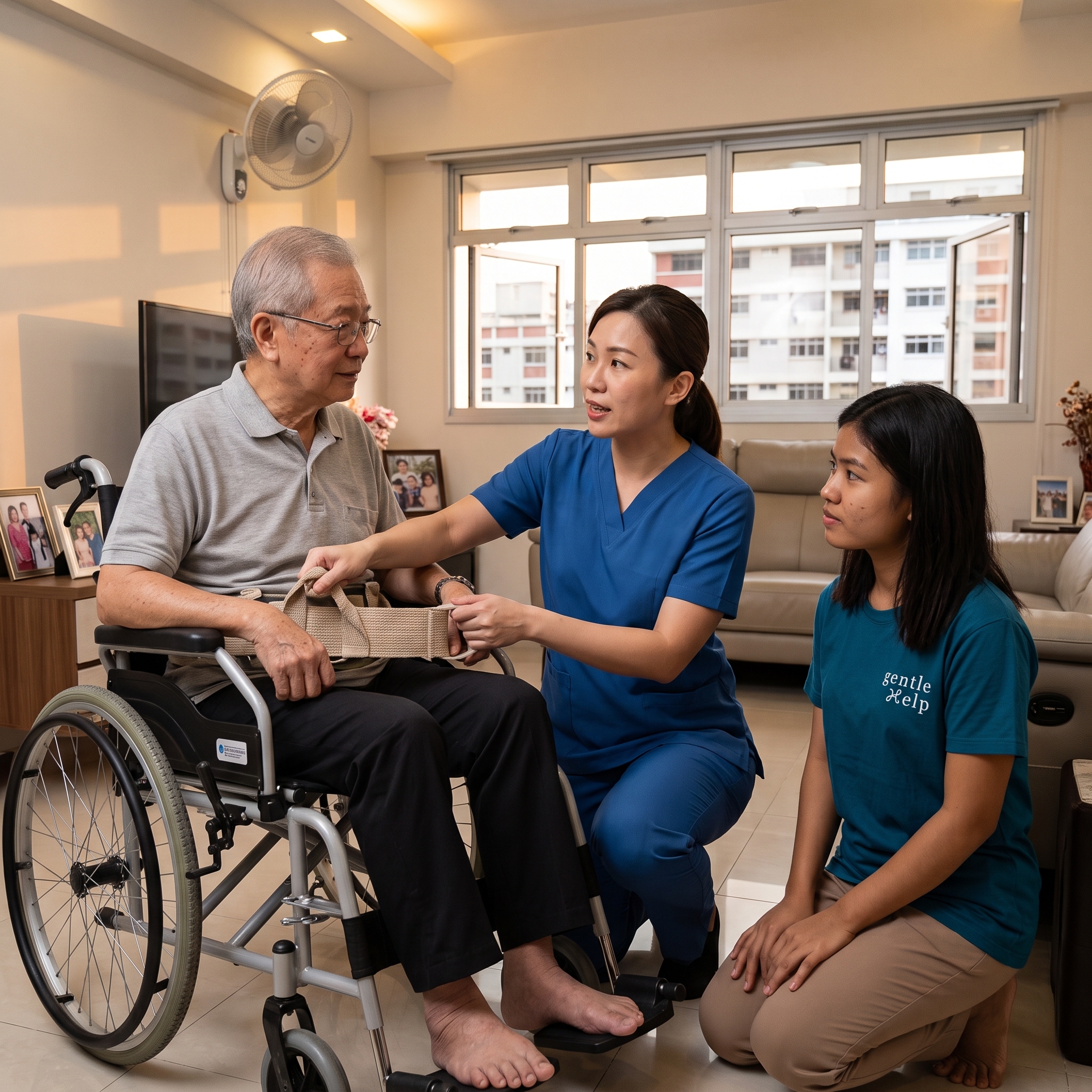 Trainer in blue scrubs teaches a Gentle Help trainee how to secure a wheelchair transfer belt.