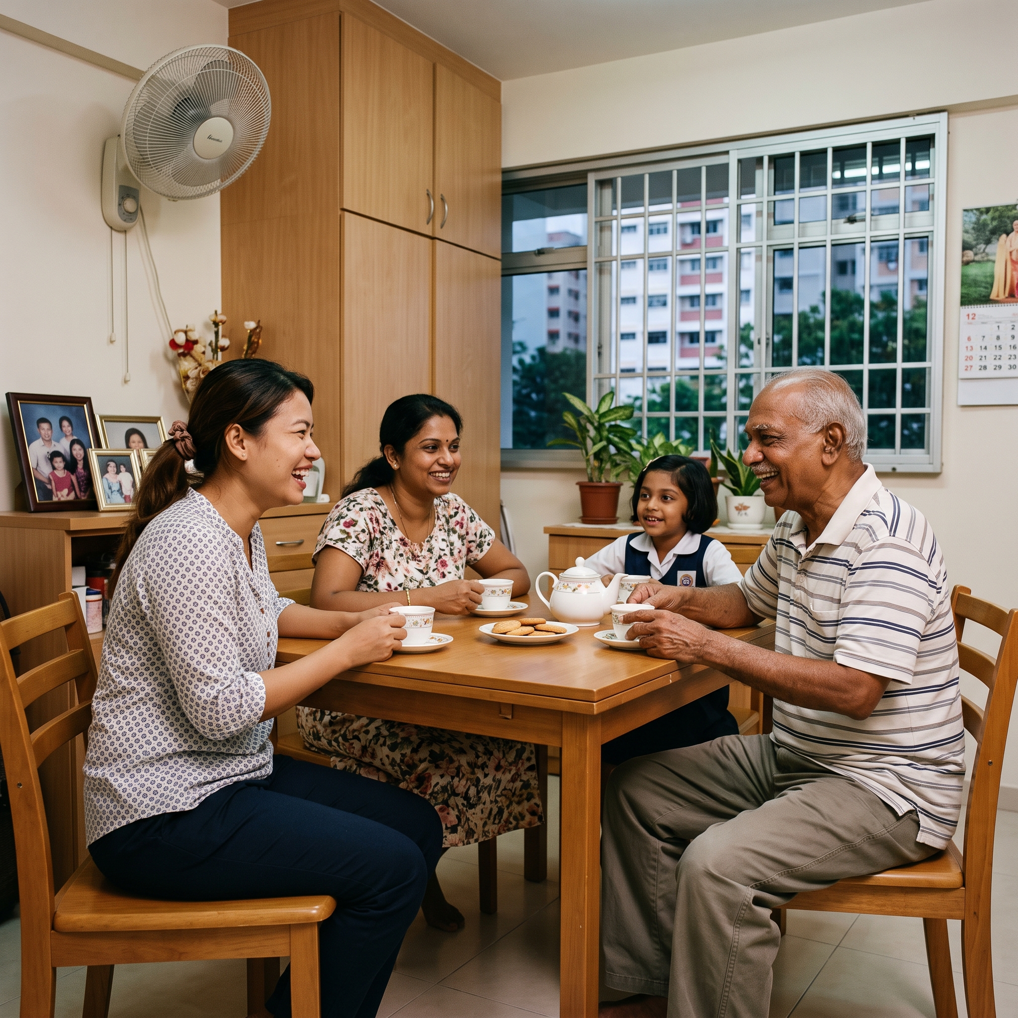 A Singapore family, including a grandmother and granddaughter, share tea and conversation at a HDB dining table.