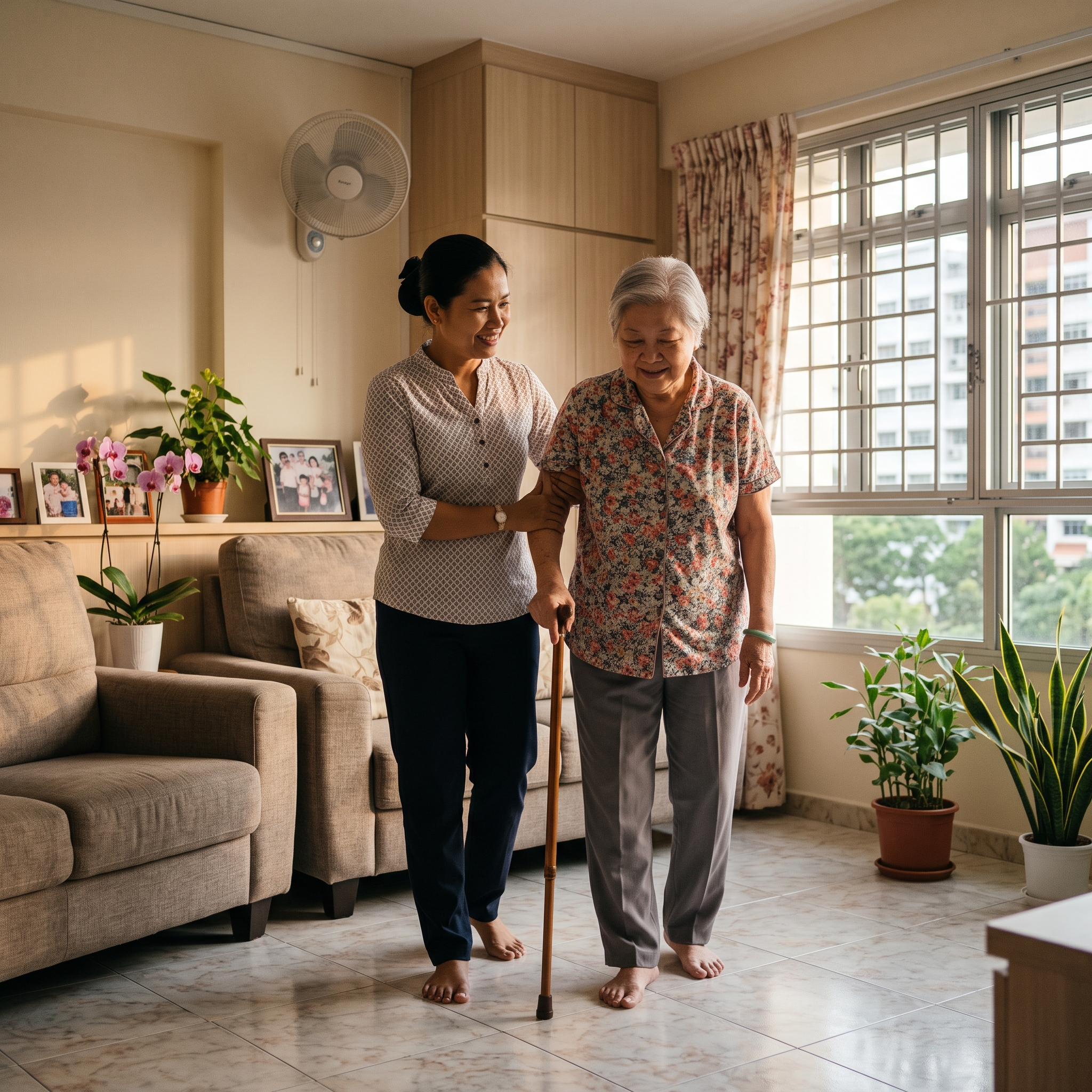 A smiling gentleHelp caregiver in a patterned shirt guides a senior woman walking with a cane in a sunny living room.