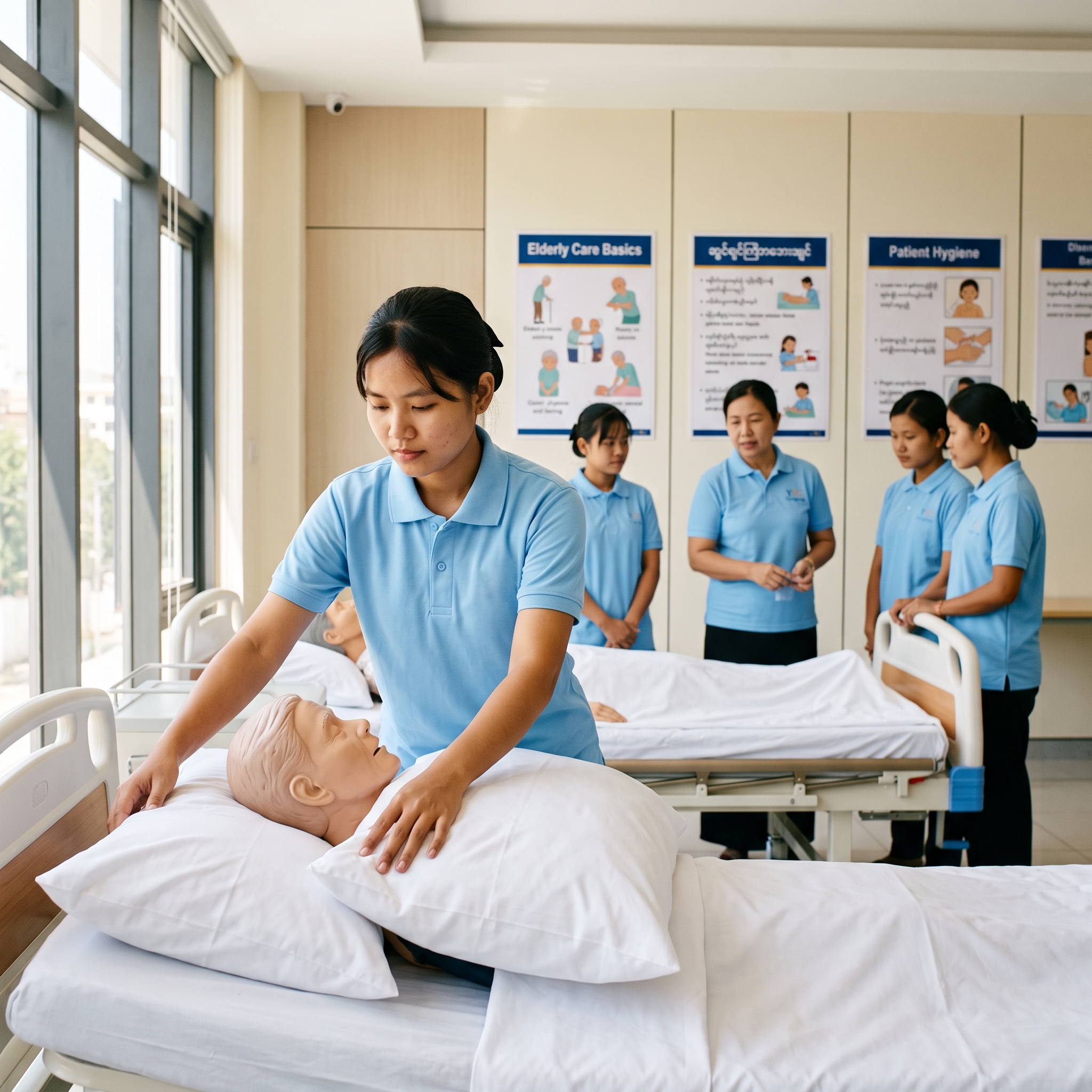 gentleHelp trainee in a light blue polo shirt practices positioning a nursing mannequin on a hospital bed.