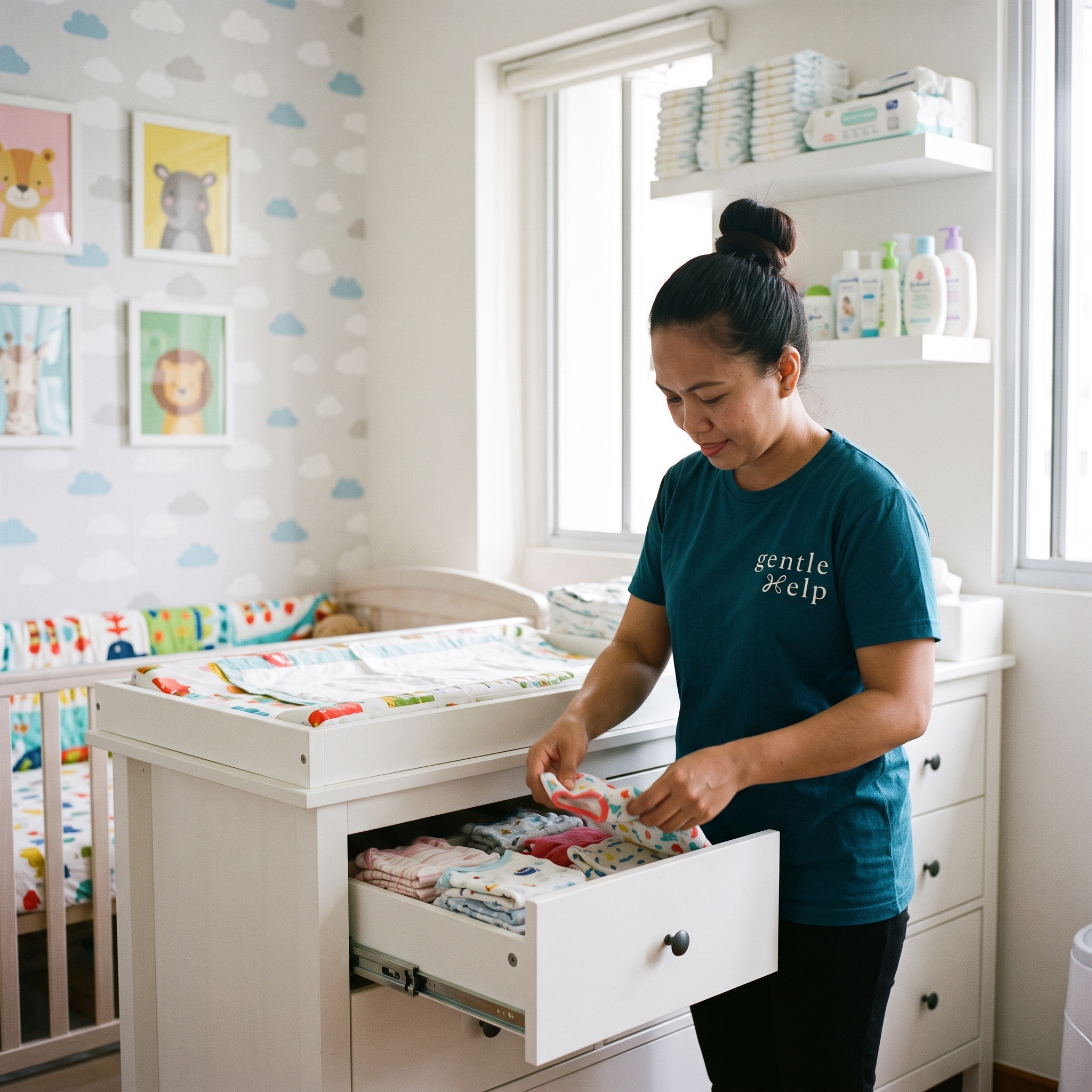 A domestic worker in a teal gentleHelp t-shirt neatly organizes folded baby clothes into the open drawer of a white changing table inside a well-lit nursery.