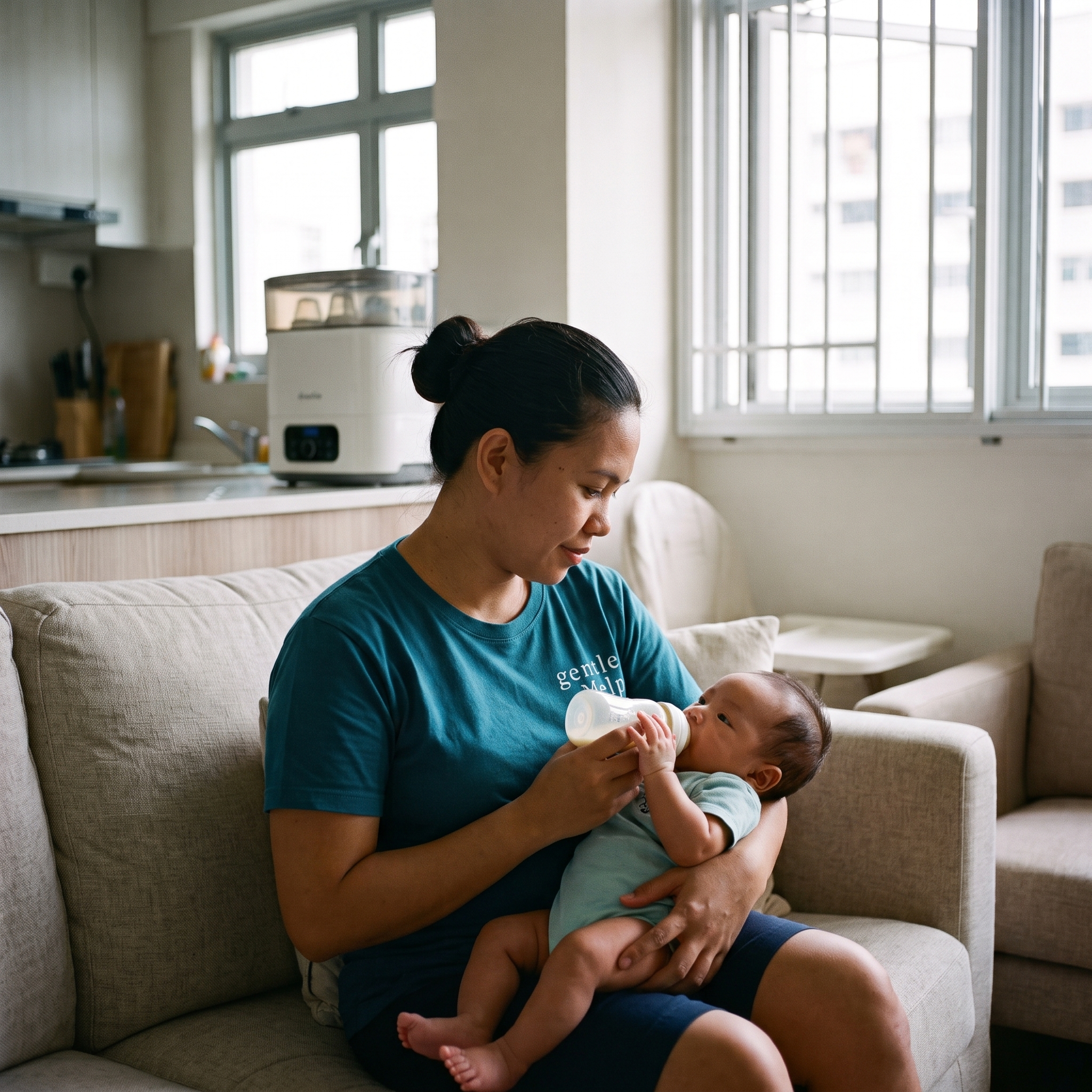 A domestic worker in a teal gentleHelp t-shirt sits comfortably on a beige apartment couch, carefully bottle-feeding a baby resting in her lap.