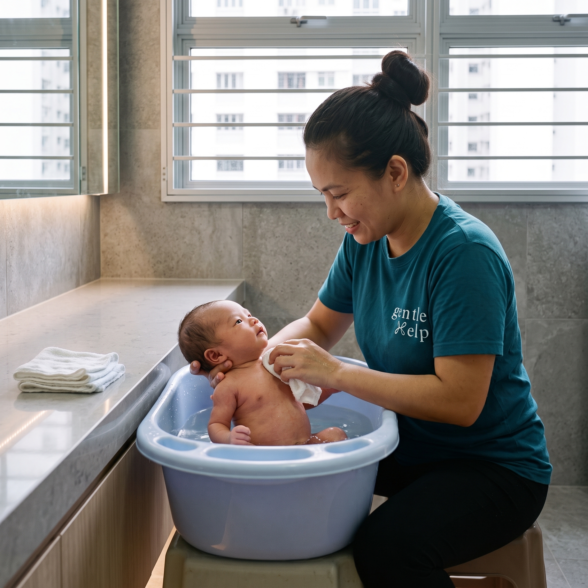 A smiling domestic worker in a teal gentleHelp t-shirt gently sponges a baby sitting in a small blue infant bathtub placed on a modern bathroom counter.