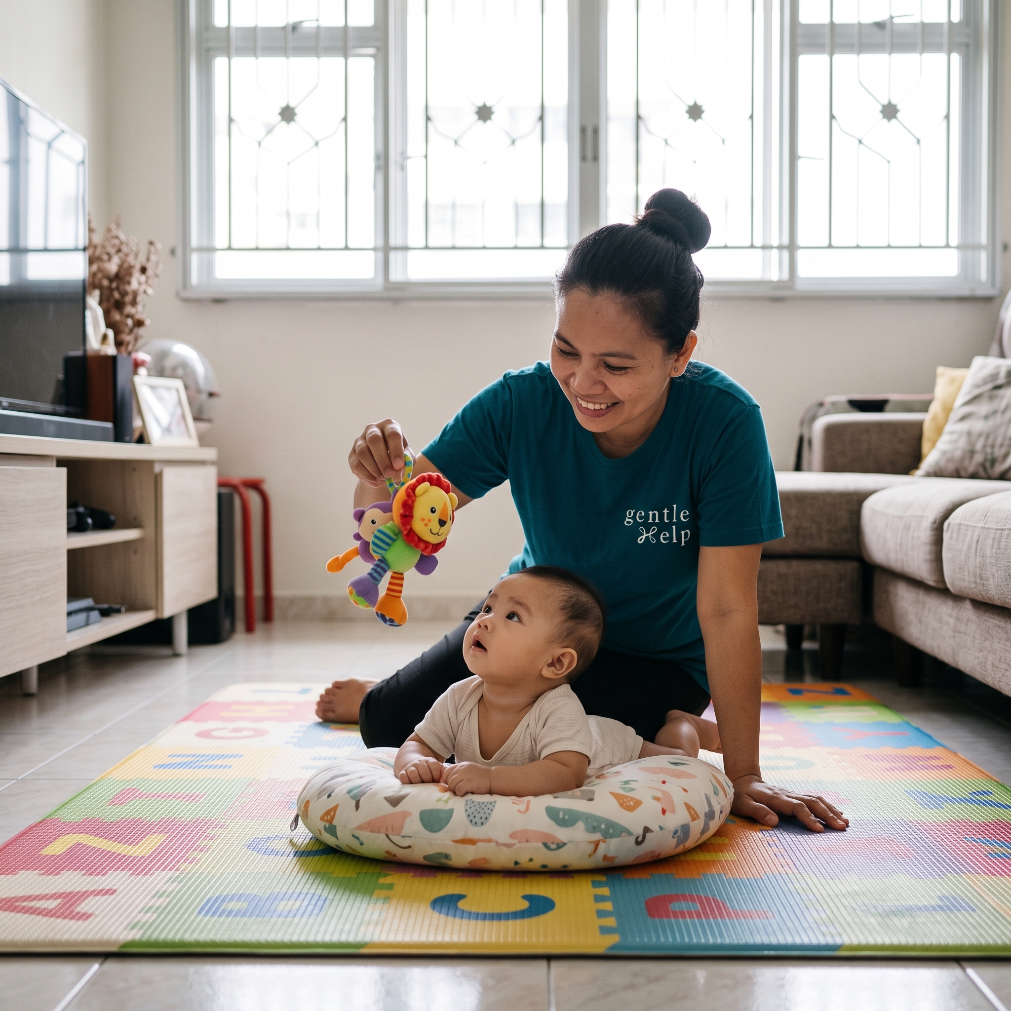 A joyful domestic helper in a teal gentleHelp t-shirt engages a baby with a colorful plush toy on a vibrant alphabet floor mat in a sunlit apartment living room.