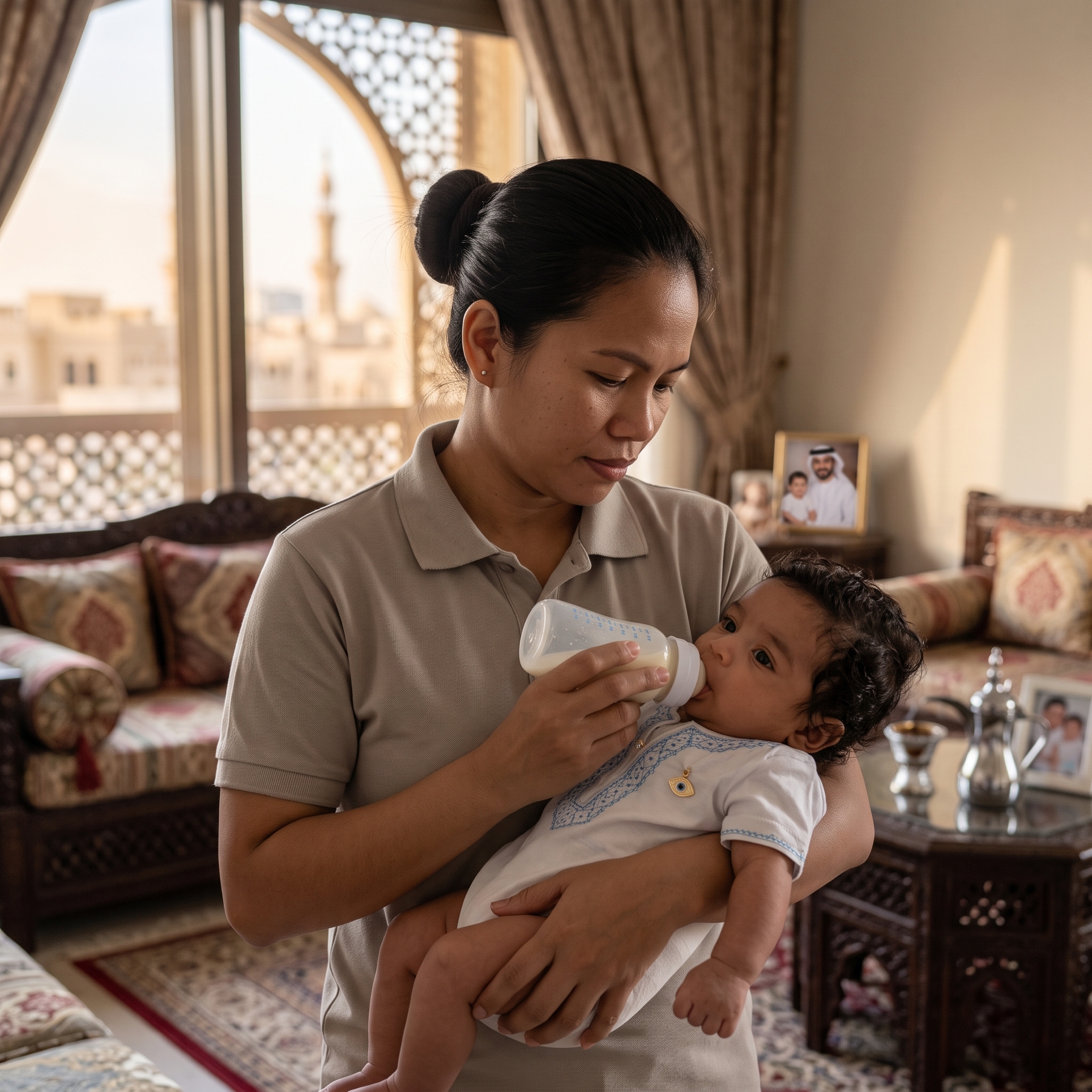 A domestic helper attentively bottle-feeds an infant while standing in an elegantly furnished Middle Eastern-style living room with large decorative windows.