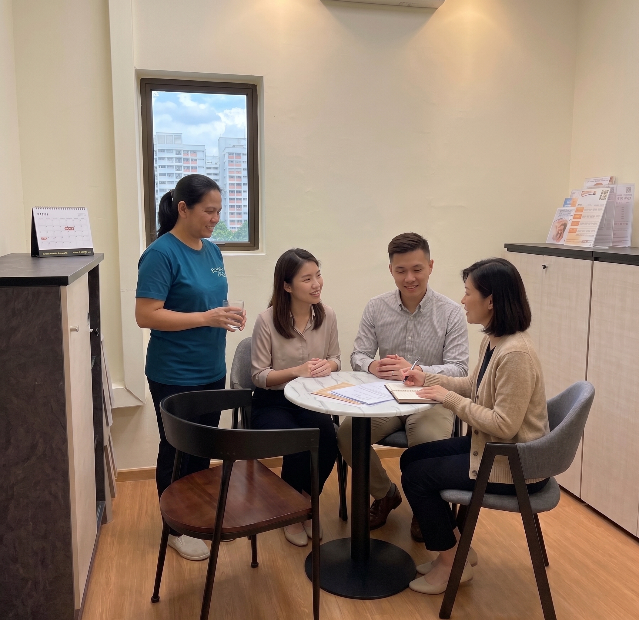A gentleHelp care advisor in a beige cardigan conducts a matching consultation at a round table with a young couple and a Filipino domestic helper wearing a teal GentleHelp t-shirt in a bright, modern office.